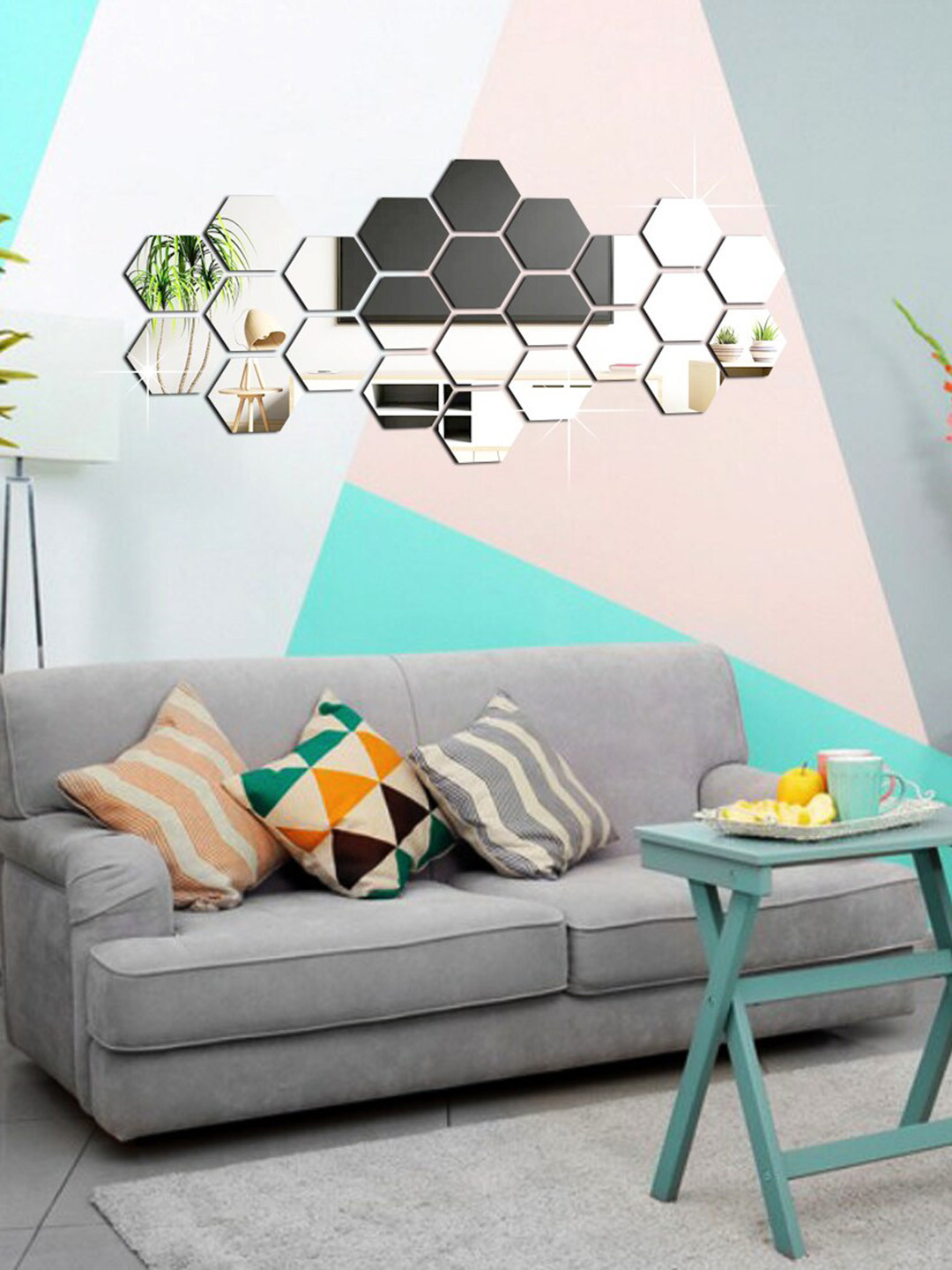 WallDaddy 24 Pcs Silver-Toned Hexagon Wall Mirror Stickers