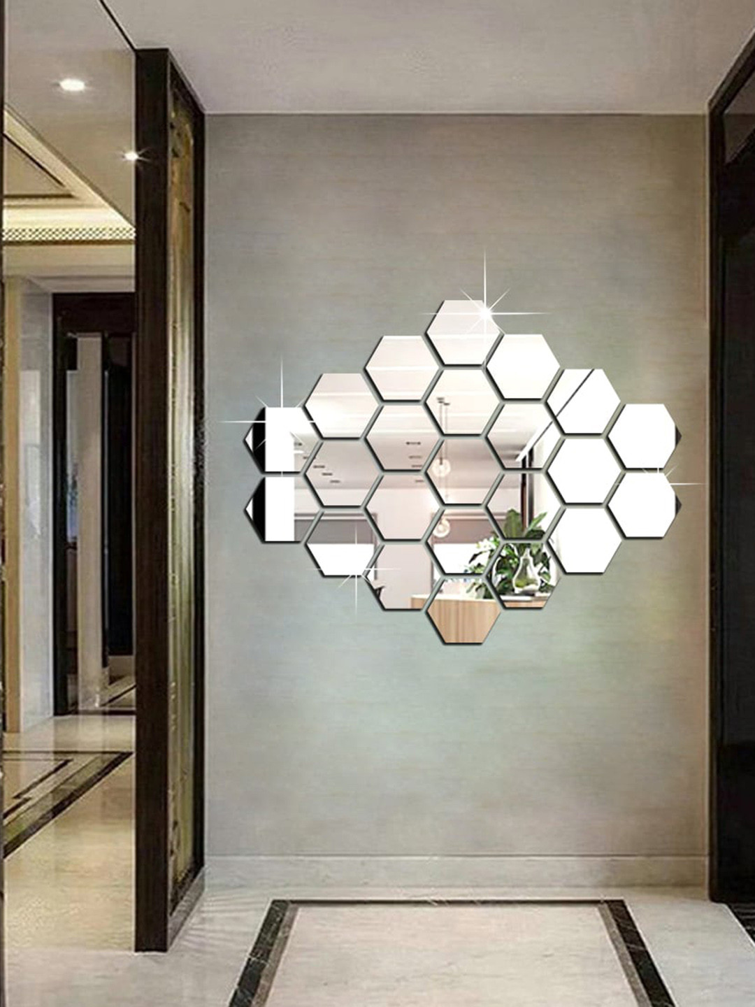 WallDaddy 23 Pcs Silver-Toned Hexagon Mirror Wall Stickers