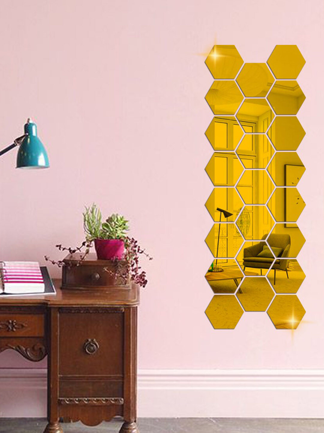 WallDaddy Gold Toned 23 Pcs Hexagon Mirror Wall Stickers