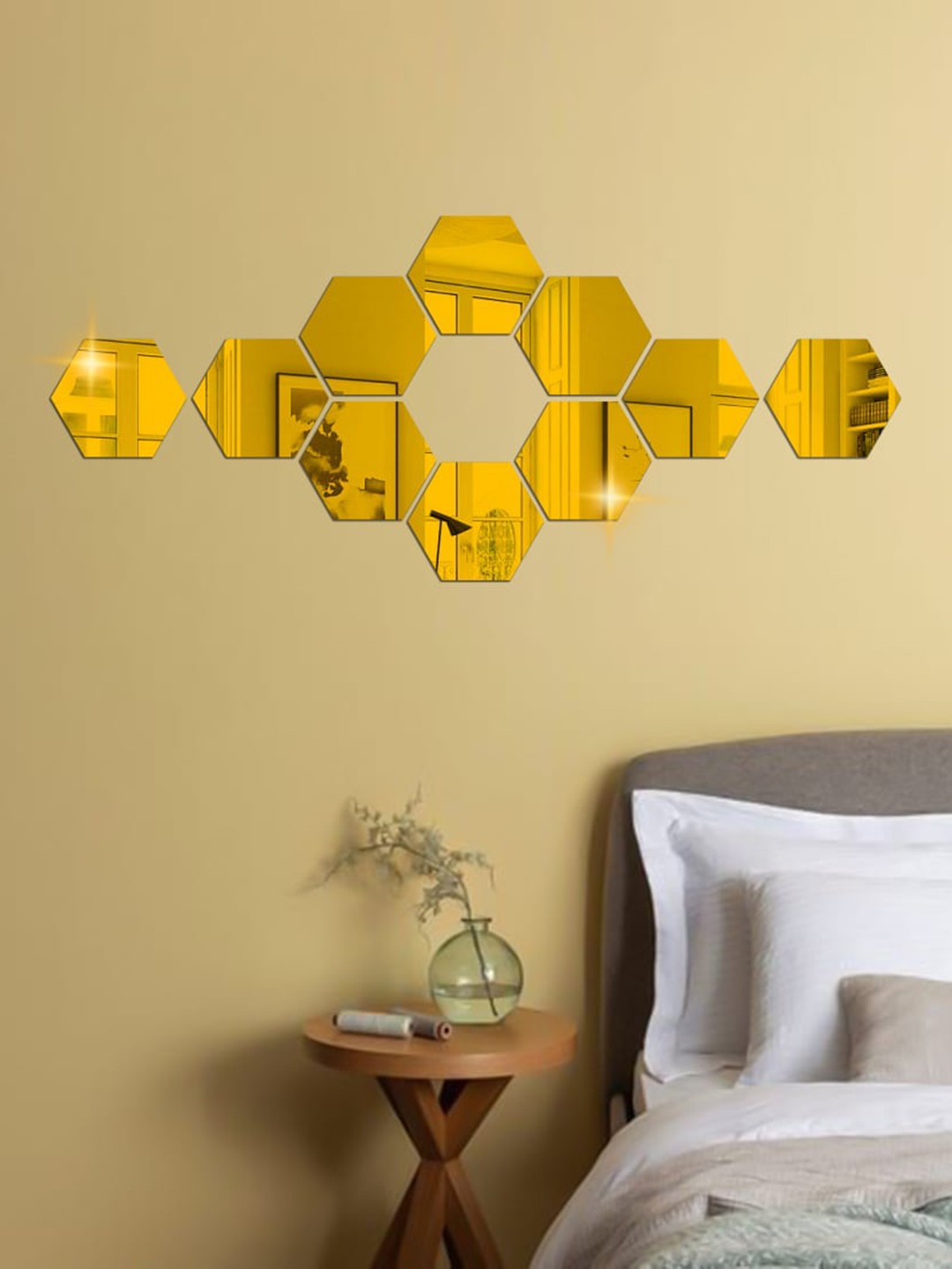 WallDaddy Gold Toned 10 Pieces Hexagon Design Mirror Wall Stickers