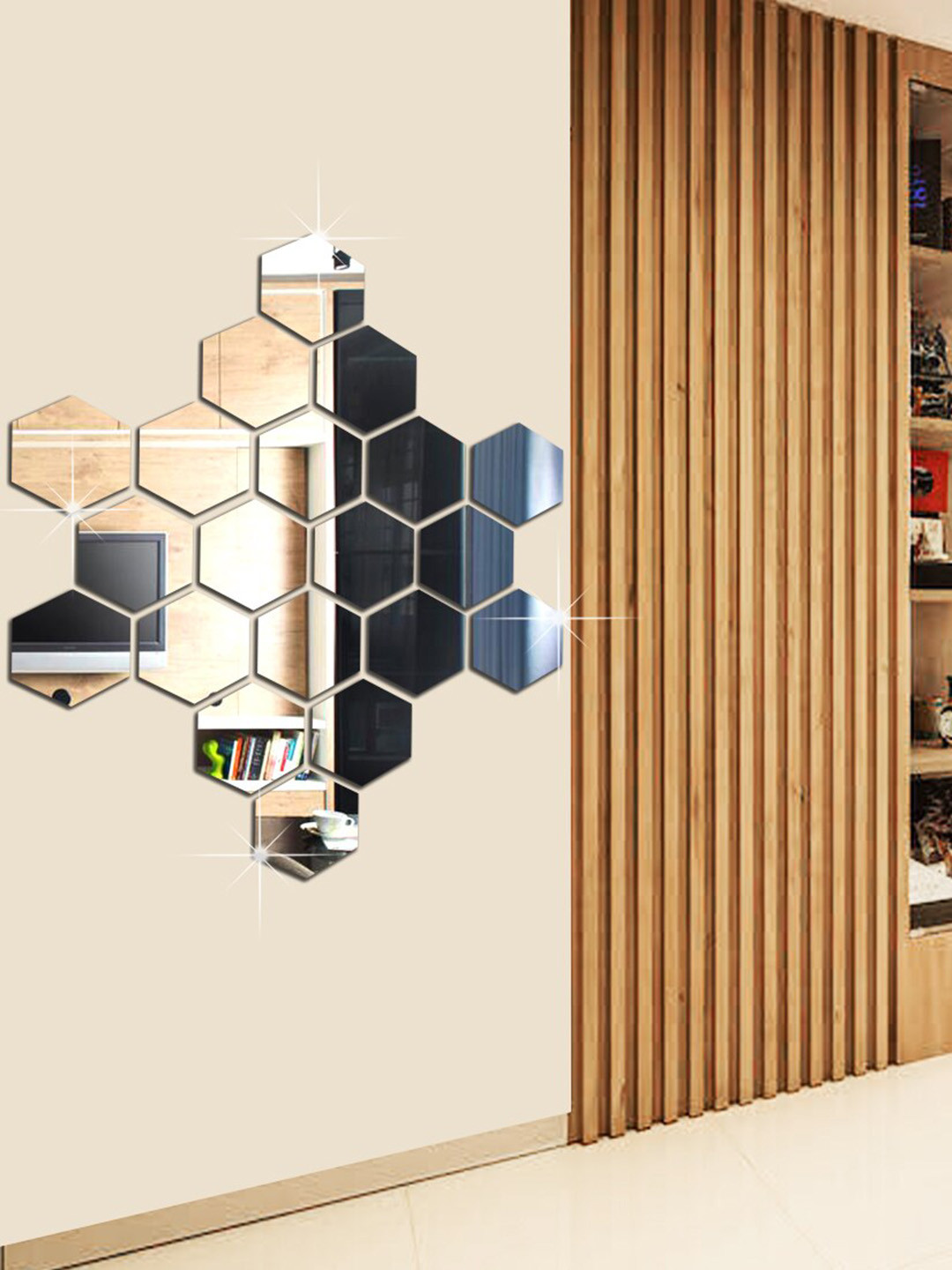 WallDaddy Silver Toned 20 Pieces Hexagon Mirror Wall Stickers