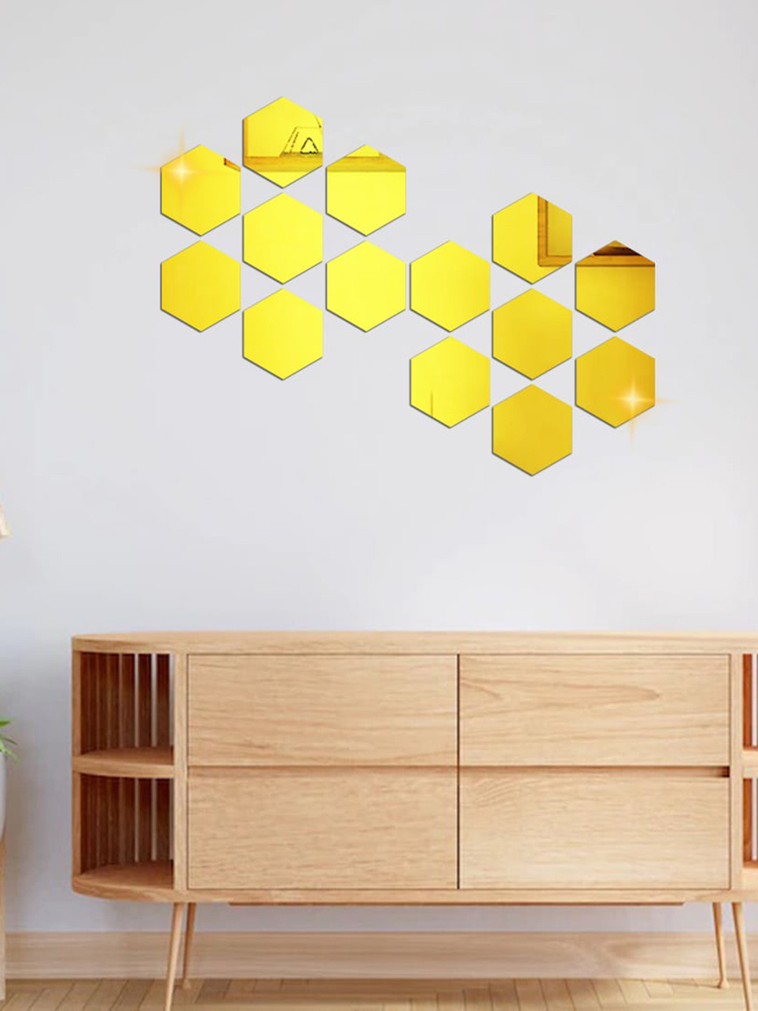 WallDaddy Gold Toned 14 Pieces Hexagon Mirror Wall Stickers
