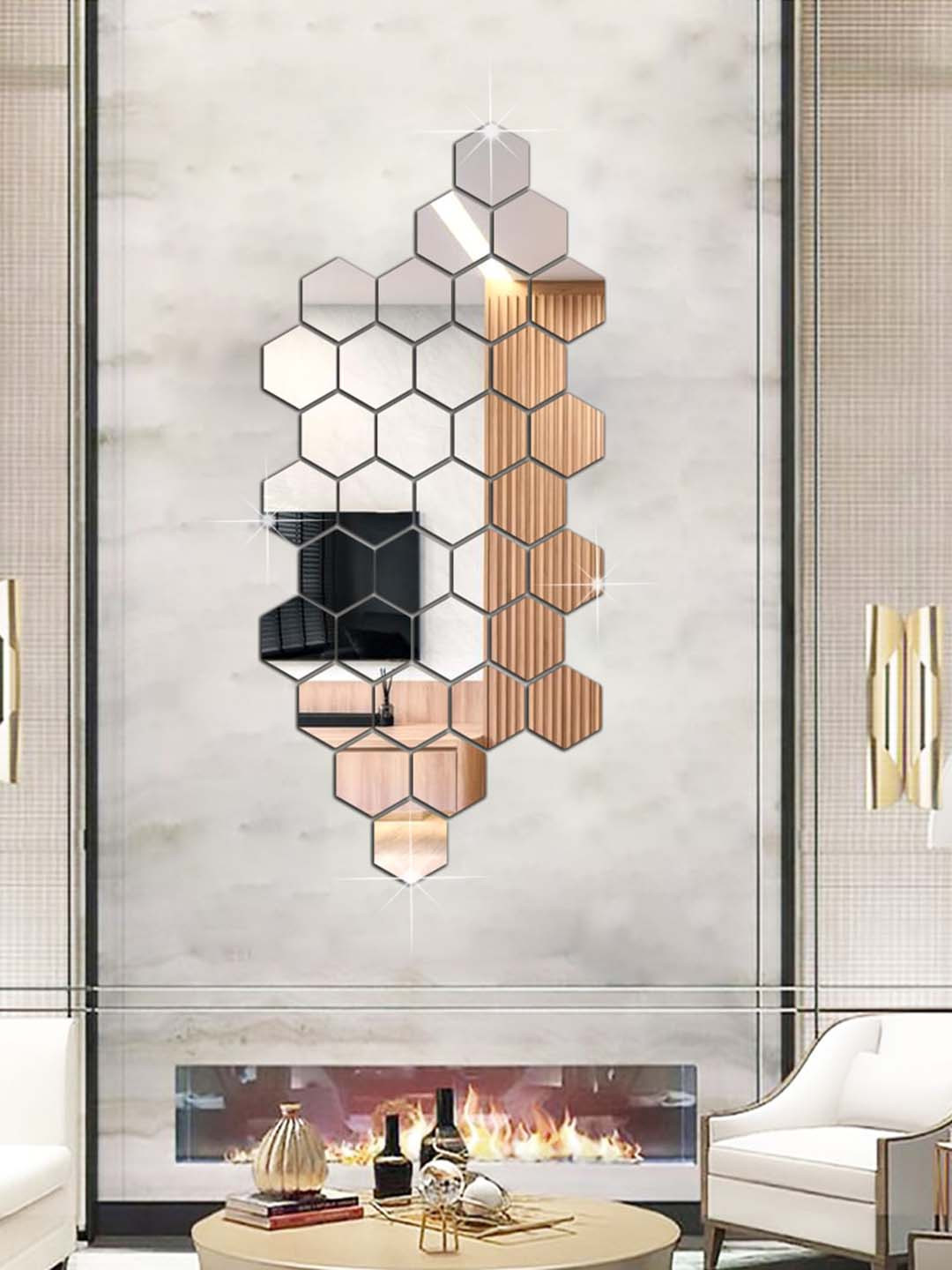 WallDaddy Silver Toned 34 Pieces Hexagon Mirror Wall Stickers