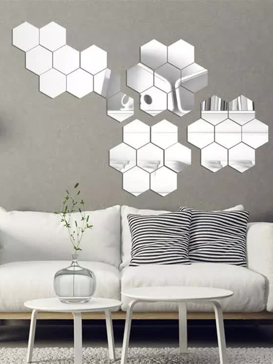 WallDaddy 30 Pcs Silver-Toned Hexagon Mirror Wall Stickers