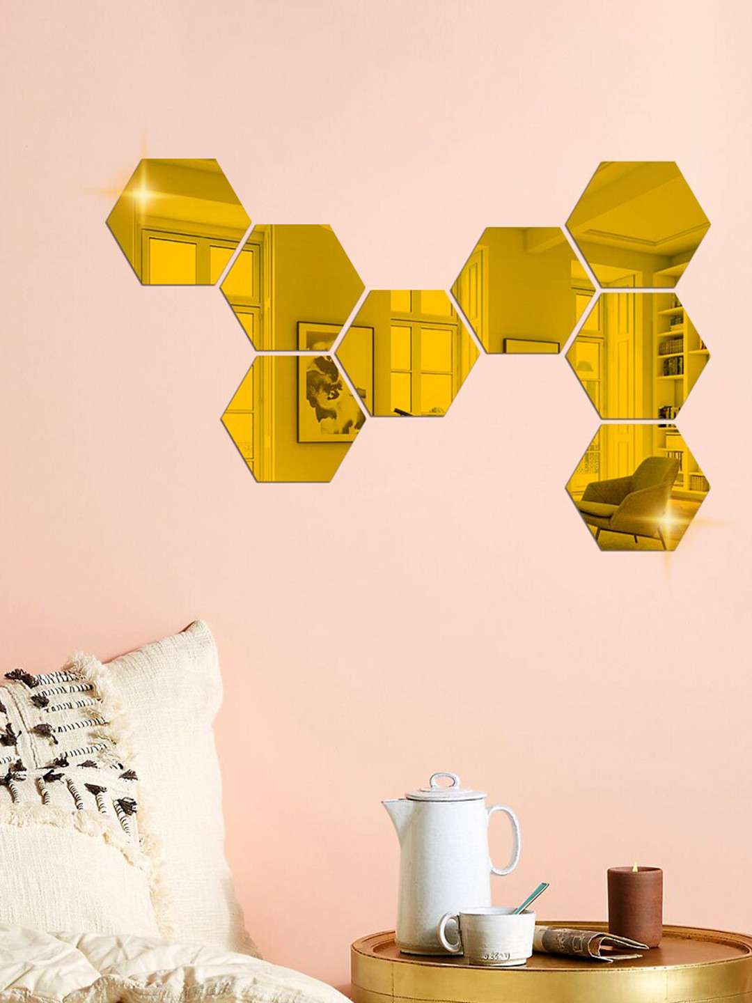 WallDaddy 8 Pcs Golden Hexagon Mirror Wall Stickers