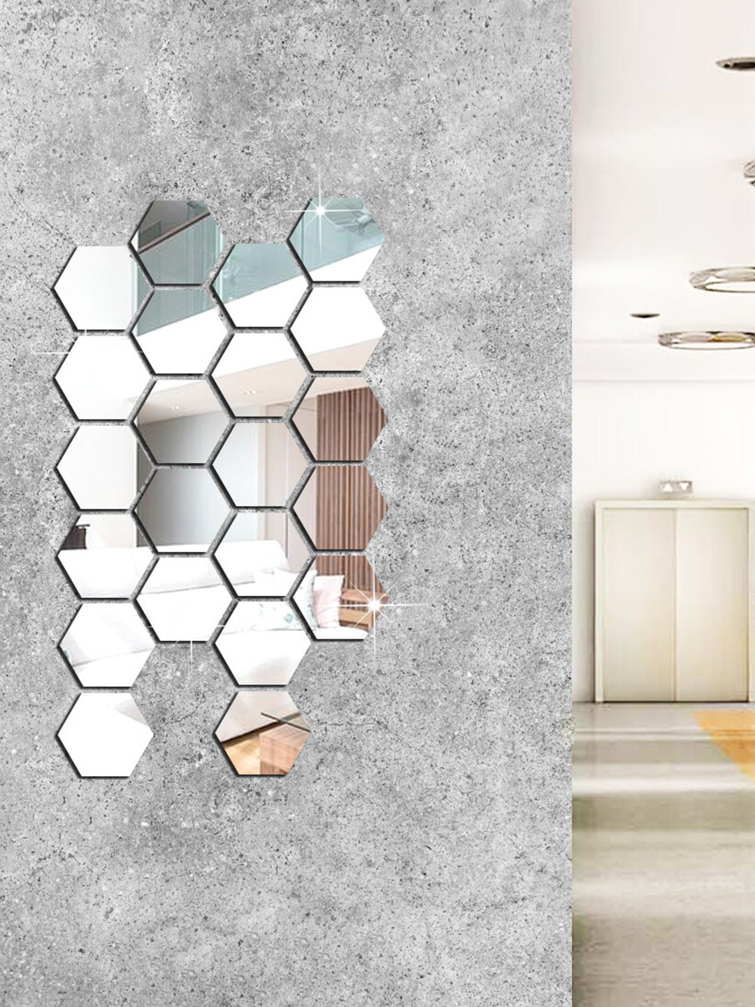 WallDaddy 22 Pcs Silver-Toned Hexagon Mirror Wall Stickers
