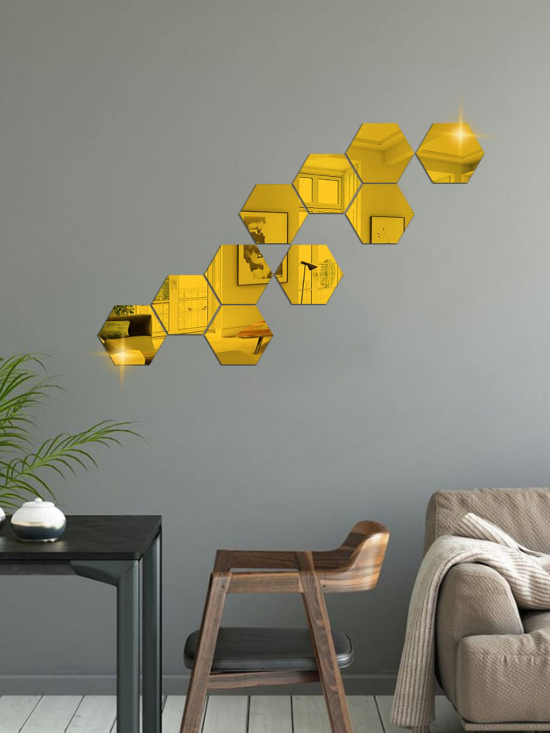 WallDaddy Gold Toned 10 Pieces Hexagon Mirror Wall Stickers