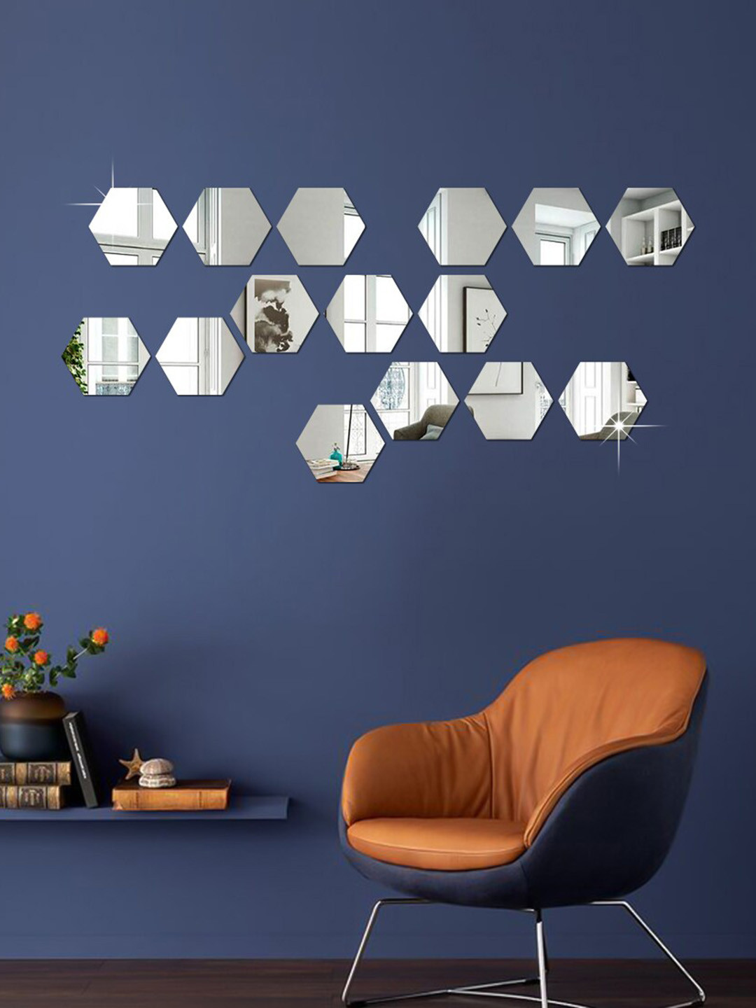 WallDaddy Silver Toned 15 Pieces Hexagon Design Mirror Wall Stickers