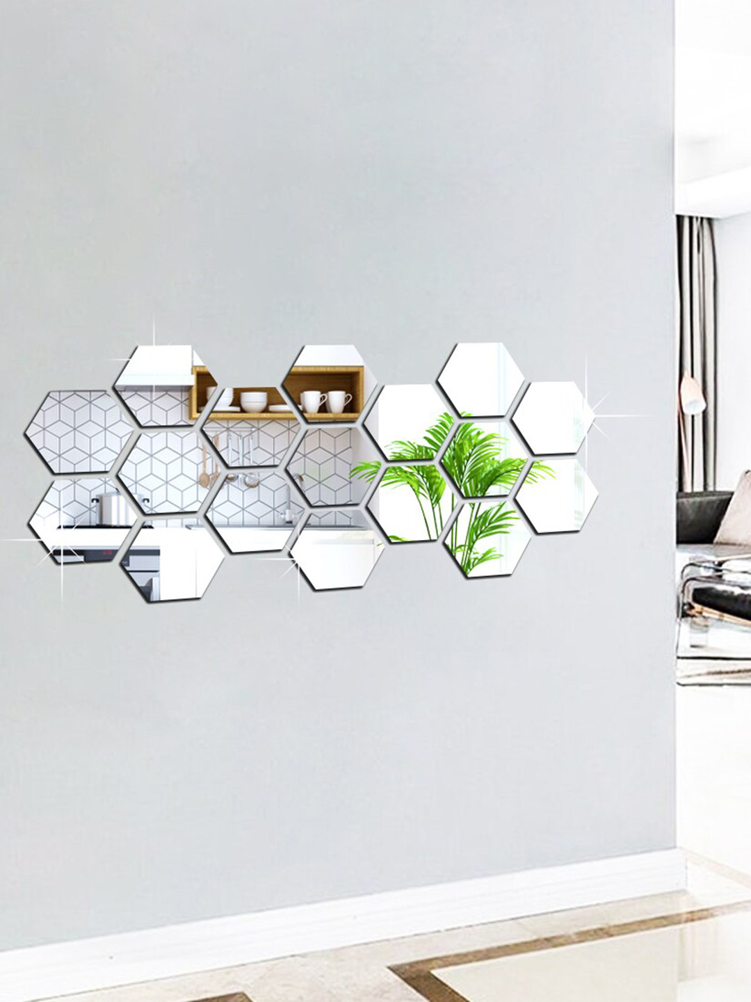 WallDaddy Silver Toned 17 Pieces Hexagon Mirror Wall Stickers
