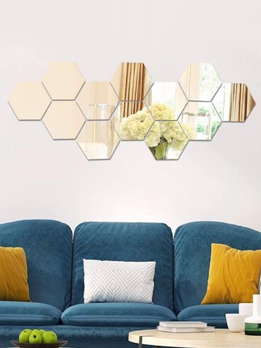 WallDaddy Silver Toned 12 Pieces Hexagon Design Mirror Stickers For Wall