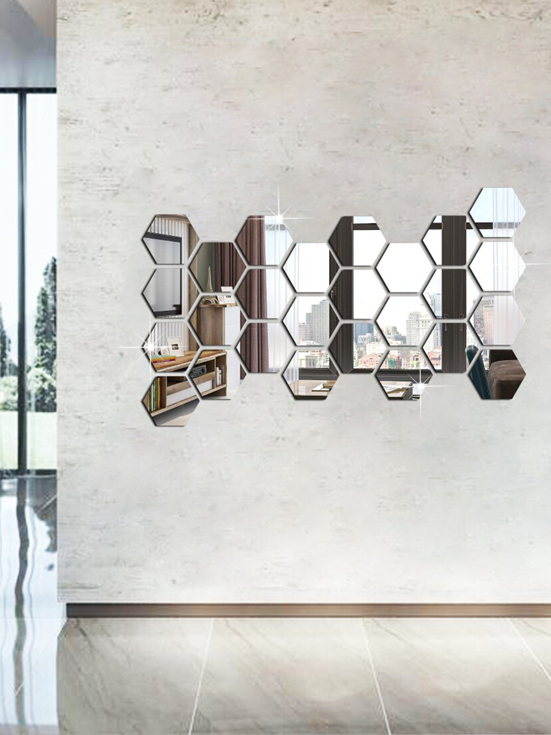 WallDaddy Silver Toned 26 Pieces Acrylic Hexagon Mirror Wall Stickers