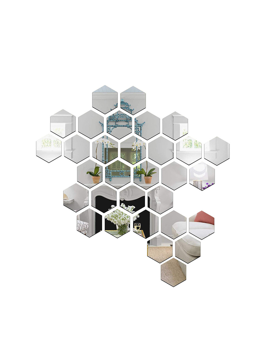 WallDaddy Silver Toned 31 Pieces Hexagon Wall Mirror Stickers