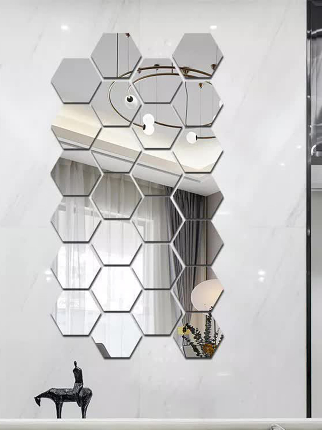 WallDaddy Silver Toned 26 Pieces Hexagon Mirror Wall Stickers