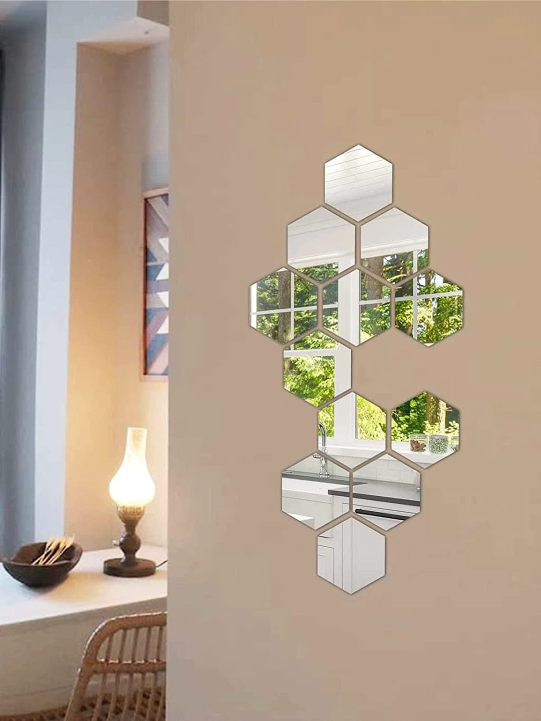 WallDaddy Silver Toned 12 Pieces Hexagon Mirror Wall Stickers
