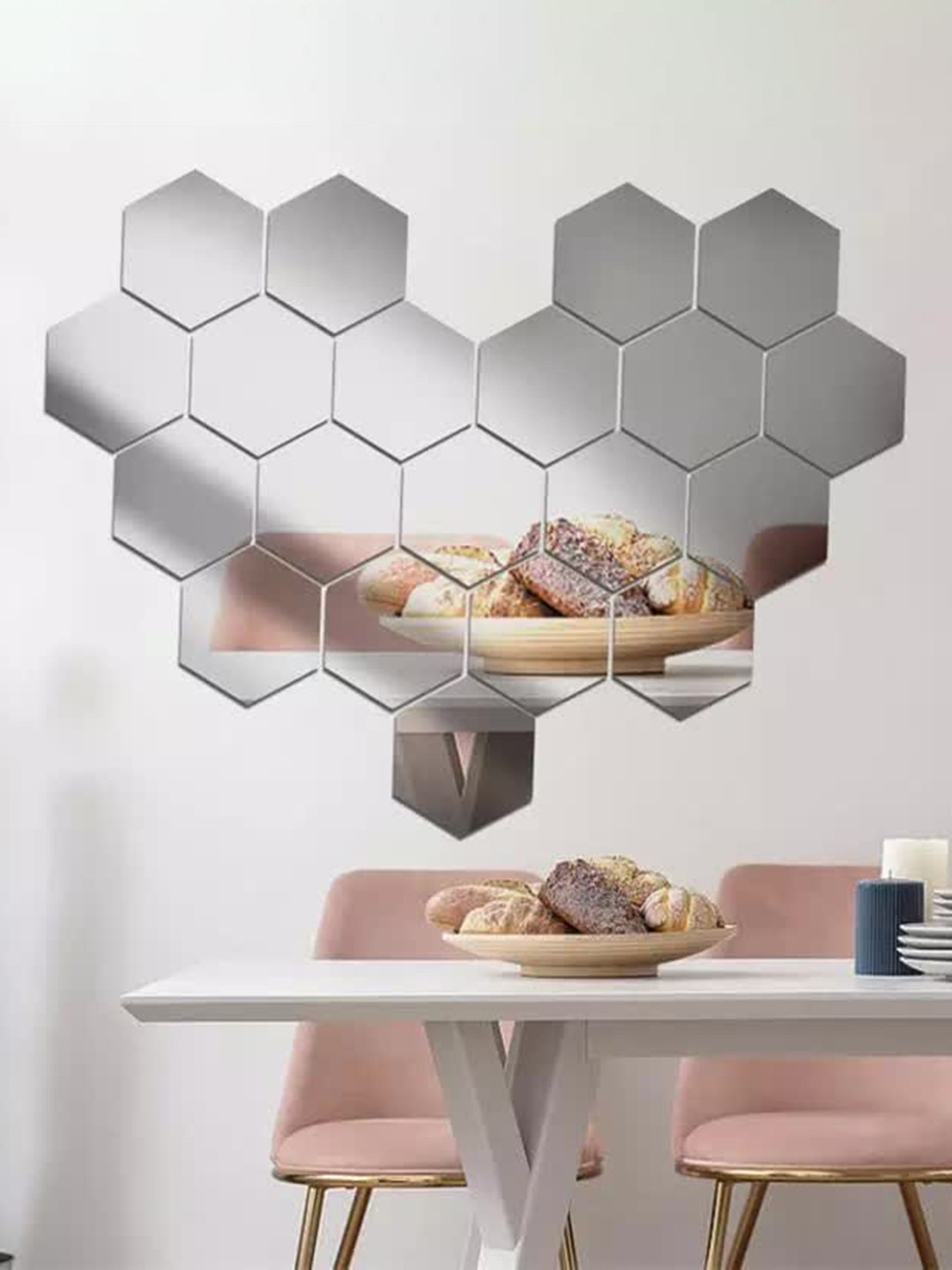 WallDaddy Silver Toned 20 Pieces Hexagon Mirror Wall Stickers