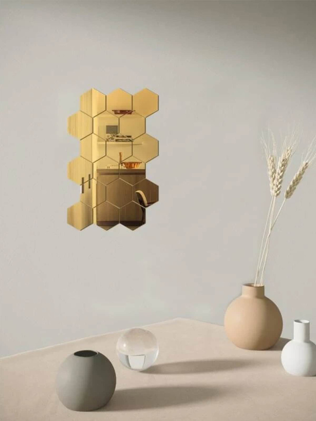 WallDaddy Gold Toned 18 Pieces Hexagon Printed Mirror Stickers