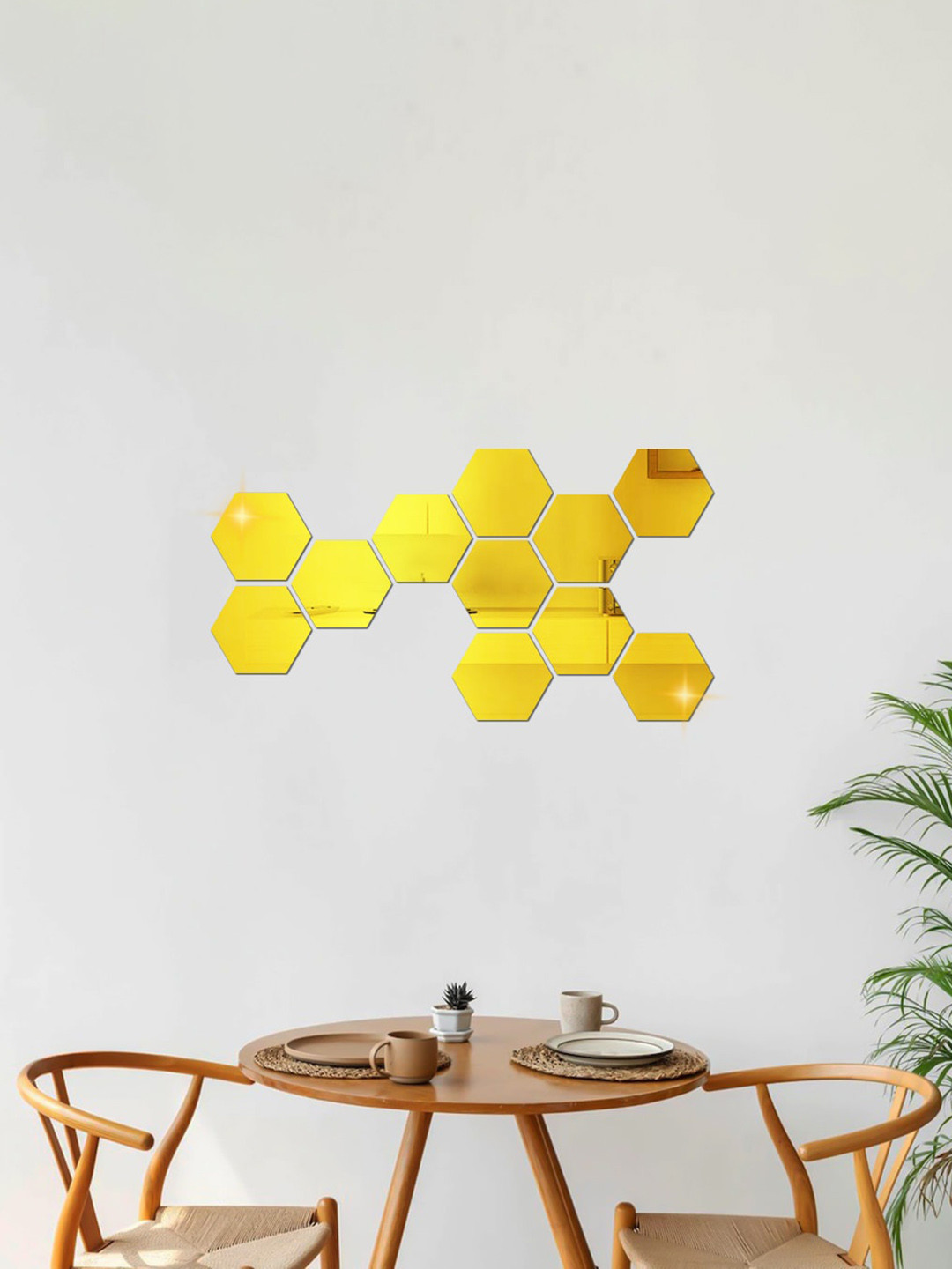 WallDaddy Gold Toned 11 Pieces Hexagon Mirror Stickers
