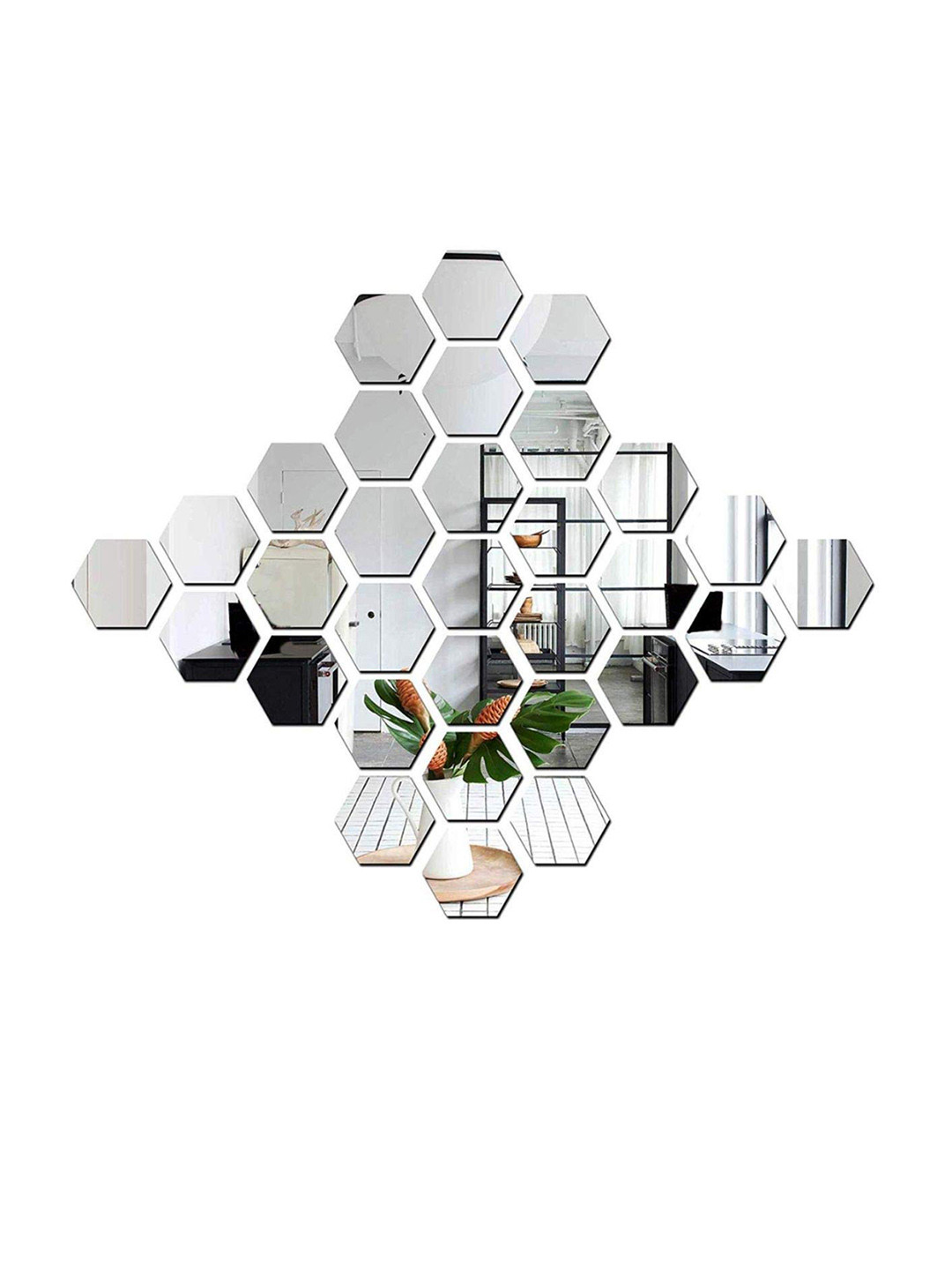 WallDaddy 31 Pcs Silver-Toned Hexagon Mirror Wall Stickers