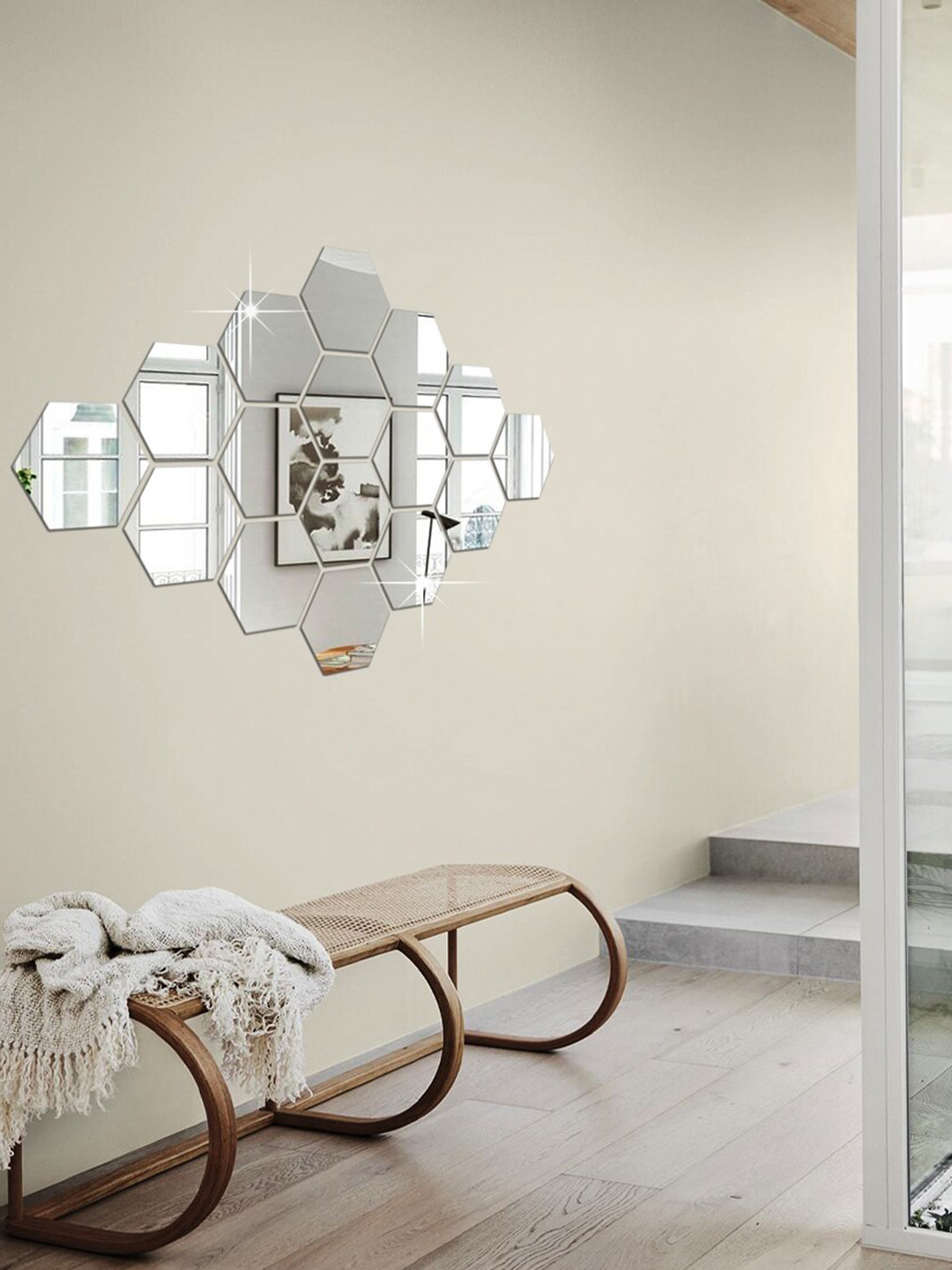 WallDaddy 16 Pcs Silver-Toned Hexagon Mirror Wall Stickers