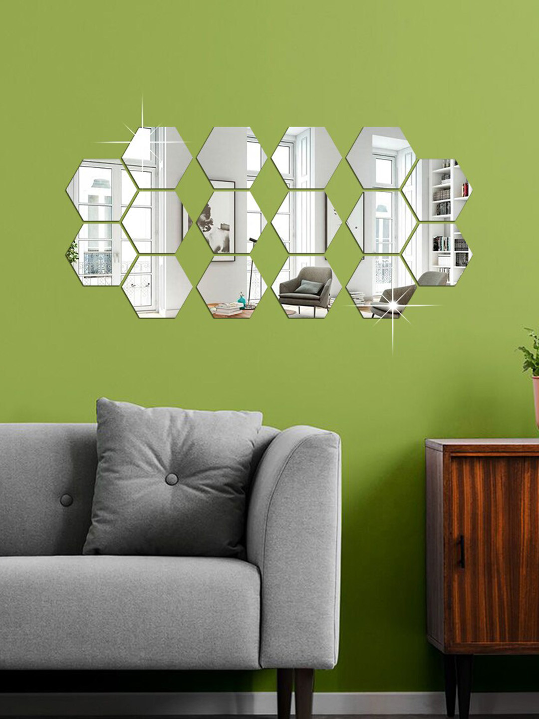 WallDaddy Silver Toned 16 Pieces Hexagon Design Mirror Wall Stickers