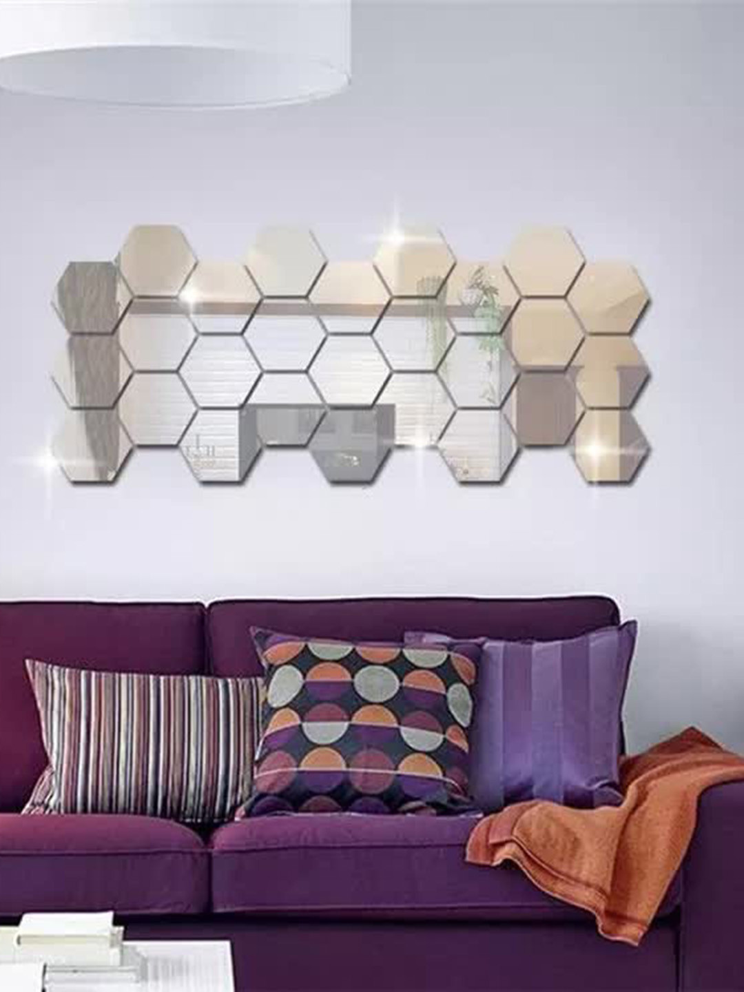 WallDaddy Silver Toned 27 Pieces Hexagon Design Mirror Wall Stickers