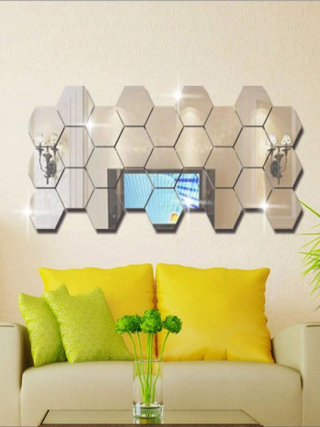 WallDaddy Silver Toned 27 Pieces Acrylic Hexagon Mirror Wall Stickers