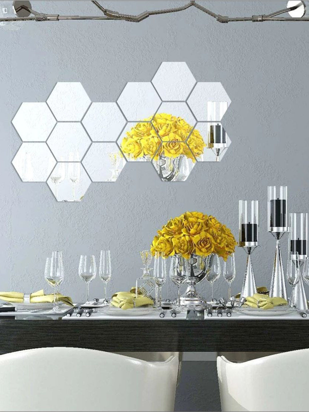 WallDaddy Silver Toned 14 Pieces Acrylic Hexagon Mirror Stickers