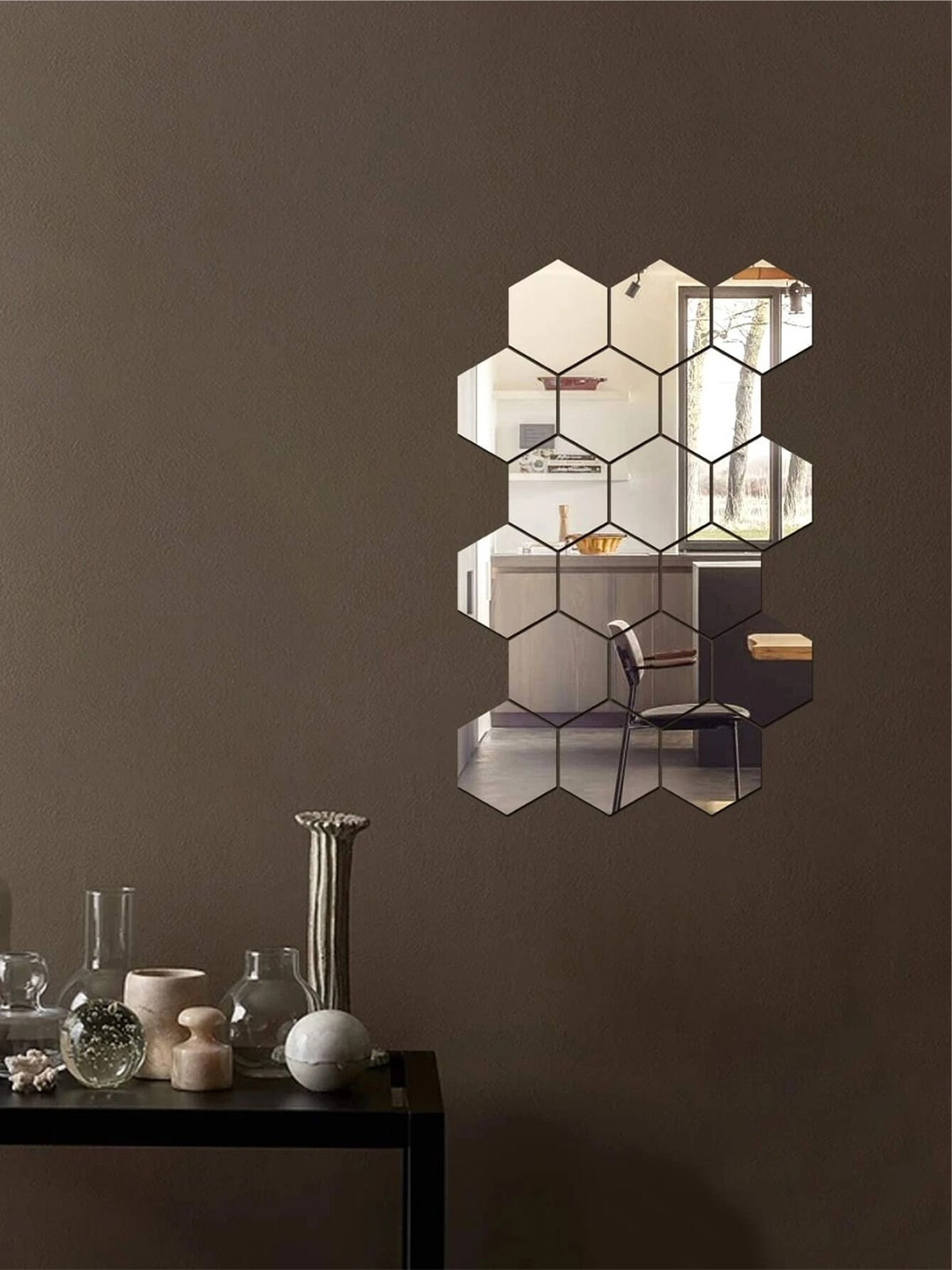 WallDaddy Silver Toned 18 Pieces Acrylic Hexagon Mirror Wall Stickers