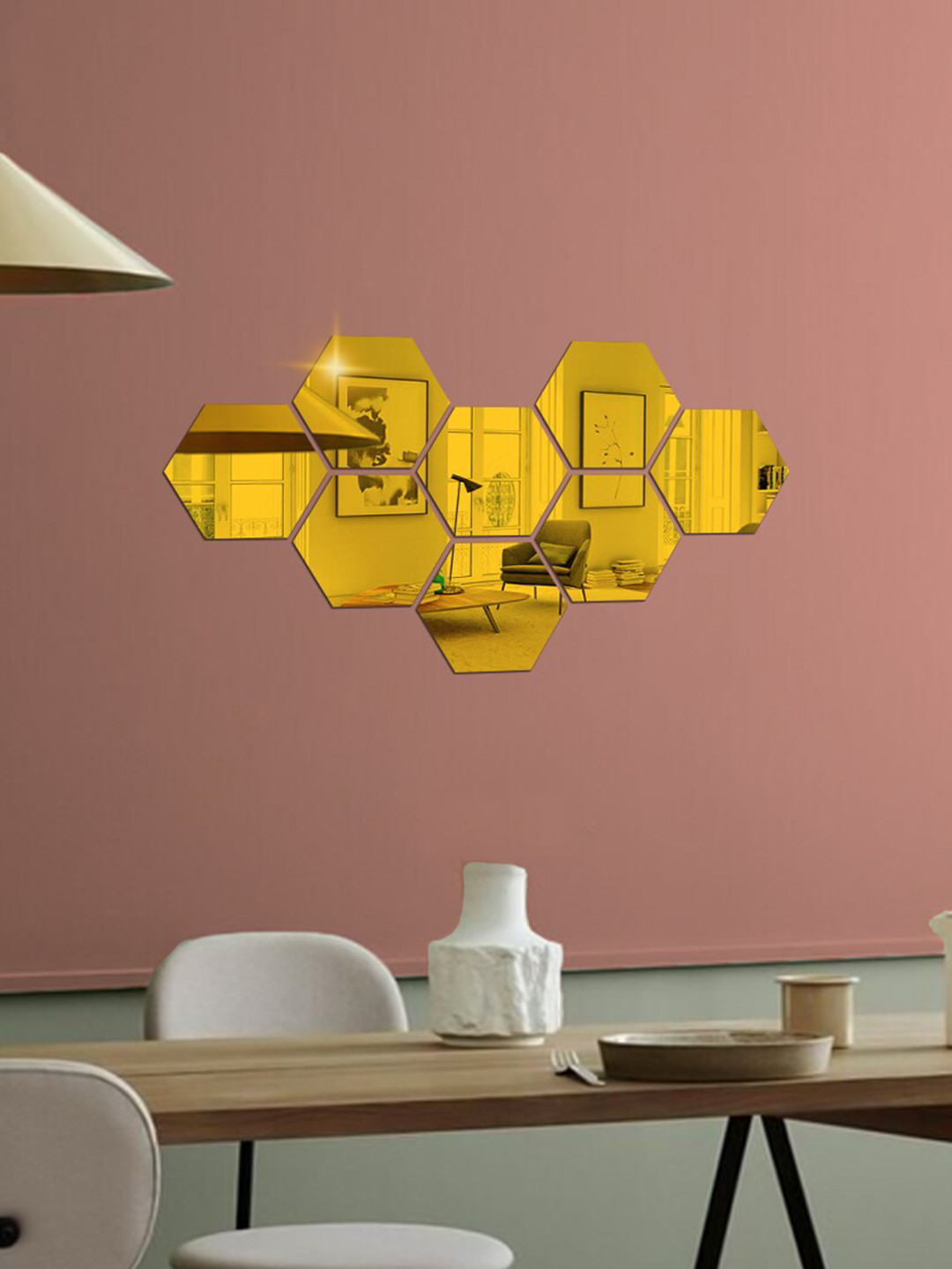 WallDaddy Gold Toned 8 Pieces Hexagon Mirror Wall Stickers