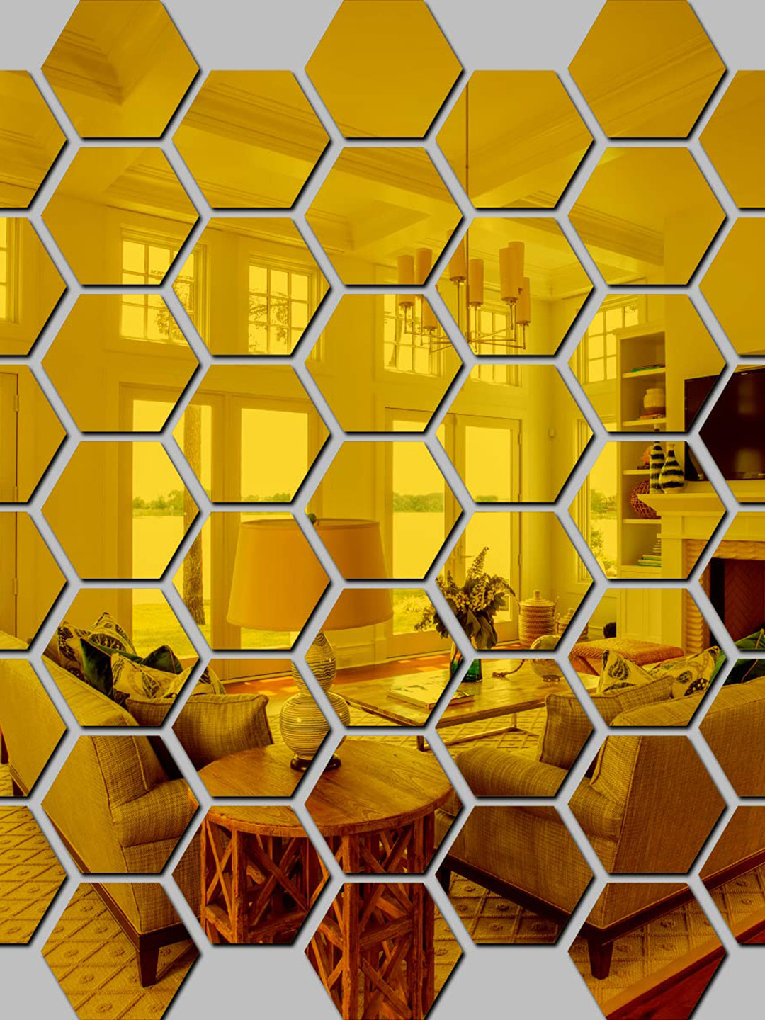 WallDaddy Gold Toned 40 Pieces Self-Adhesive Hexagon Mirror Wall Stickers