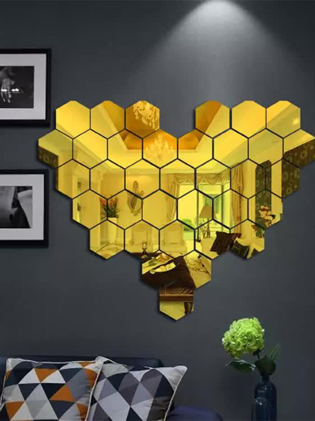 WallDaddy 35 Pcs Golden Hexagon Mirror Wall Stickers