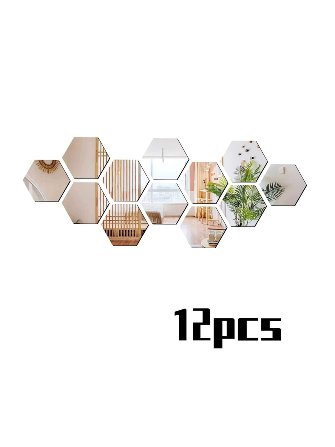 WallDaddy 12 Pcs Silver-Toned Hexagon Mirror Wall Stickers