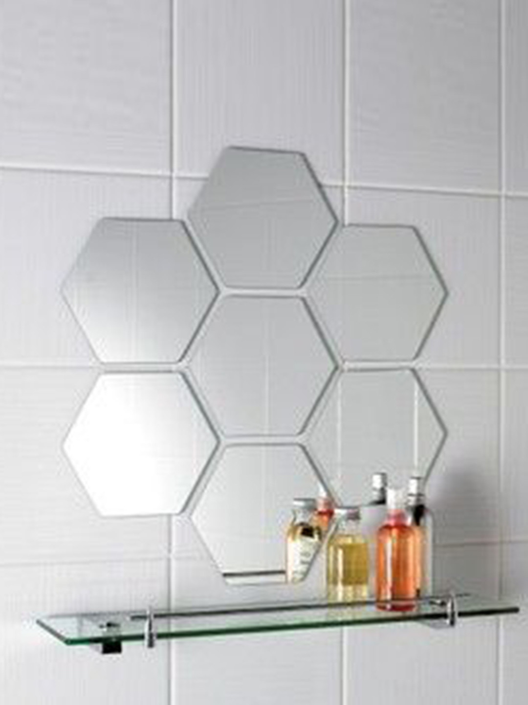 WallDaddy 7 Pcs Silver-Toned Self-Adhesive Hexagon Mirror Wall Stickers