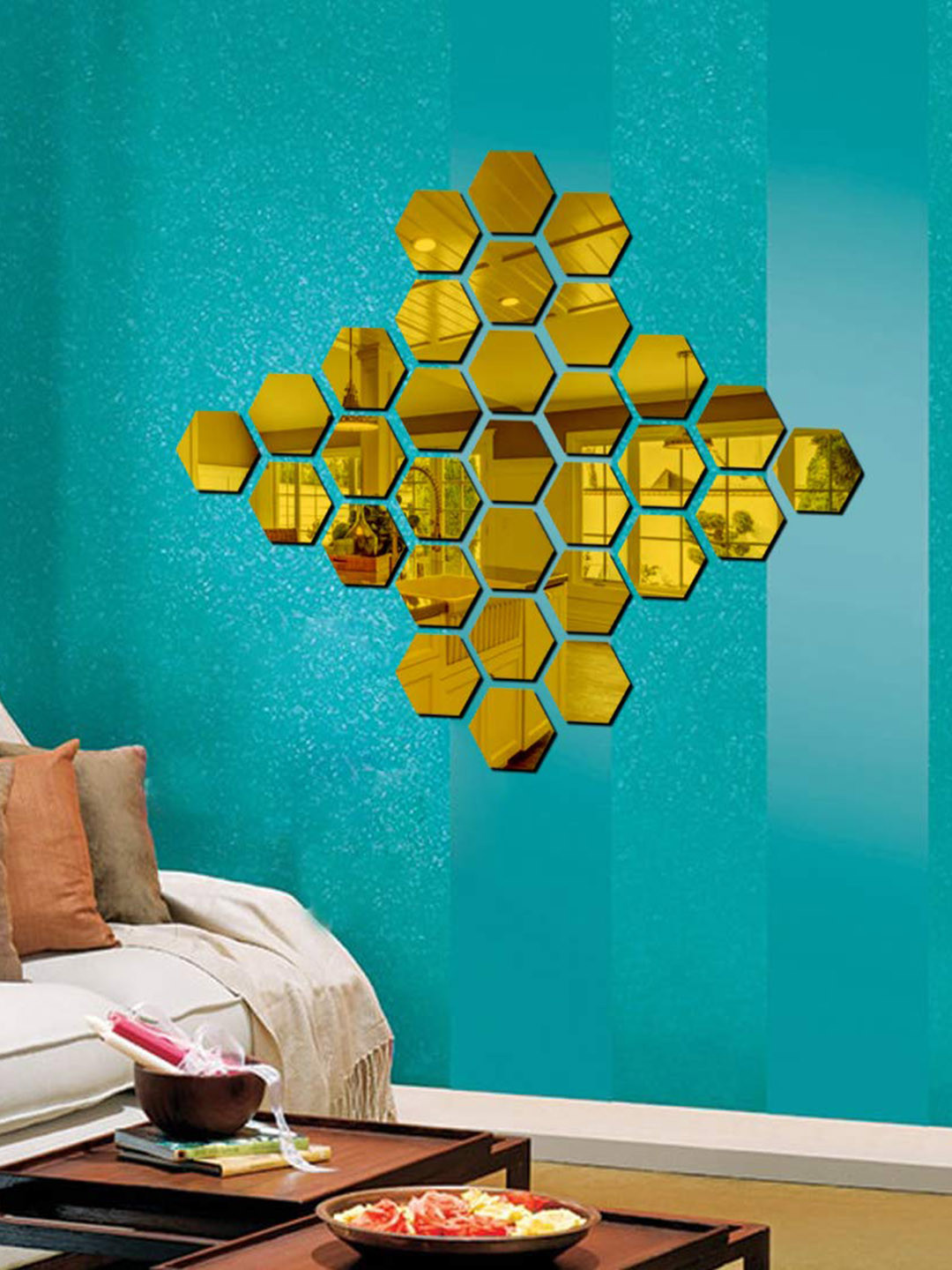 WallDaddy 31 Pcs Golden Hexagon Mirror Wall Stickers