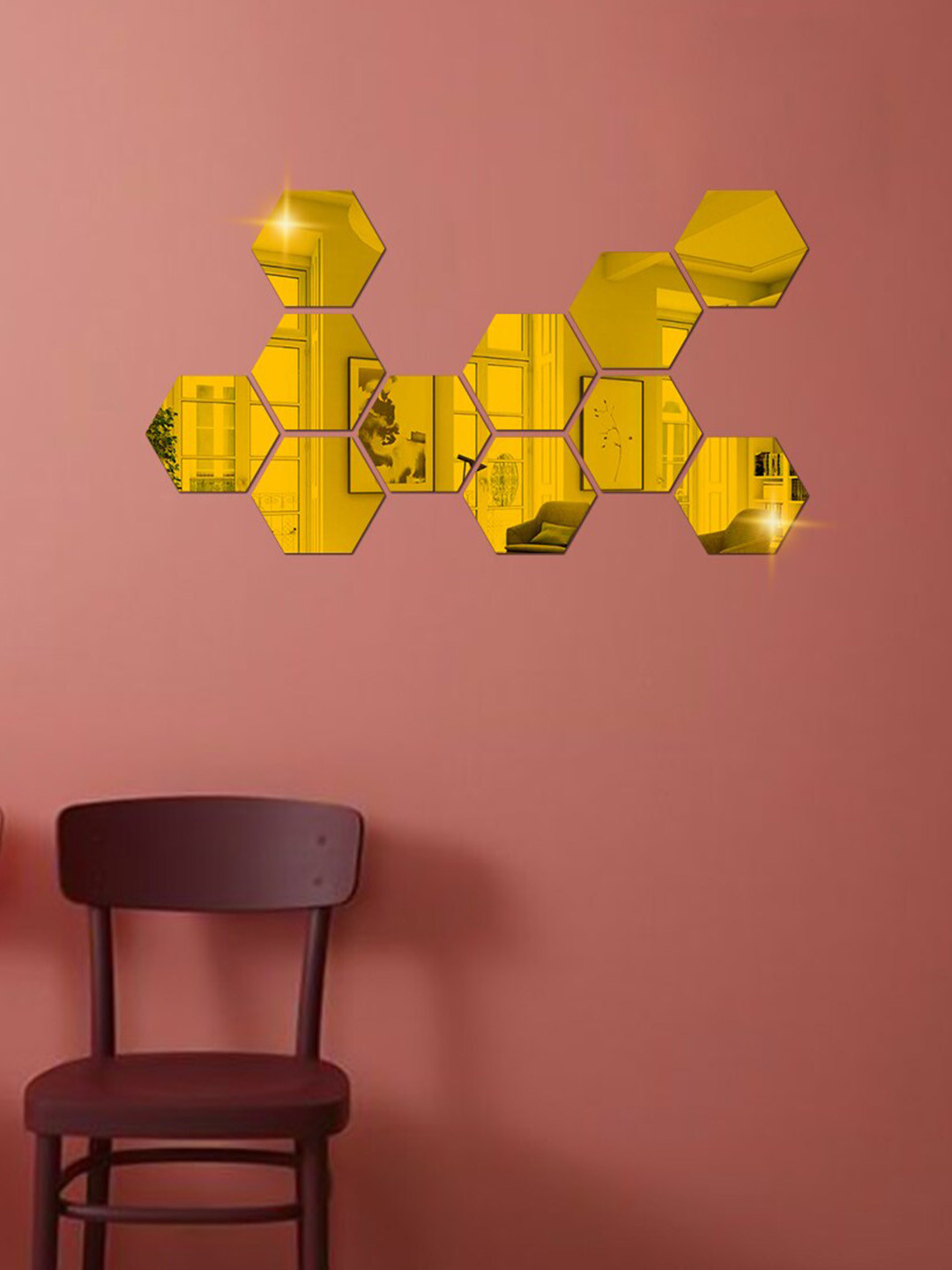 WallDaddy 11 Pcs Golden Hexagon Mirror Wall Stickers