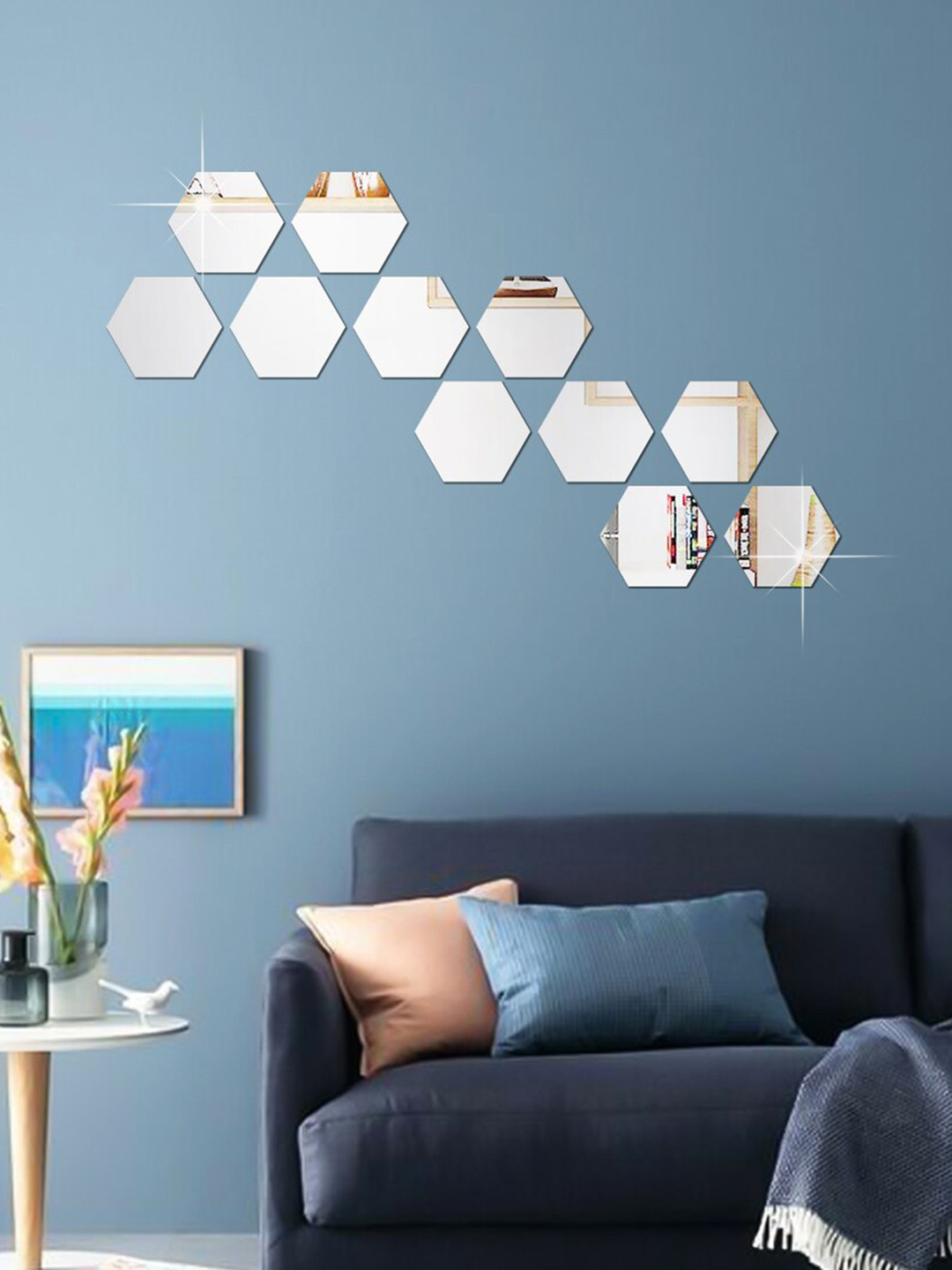 WallDaddy White 11 Pieces Mirror Stickers For Wall Hexagon Stickers