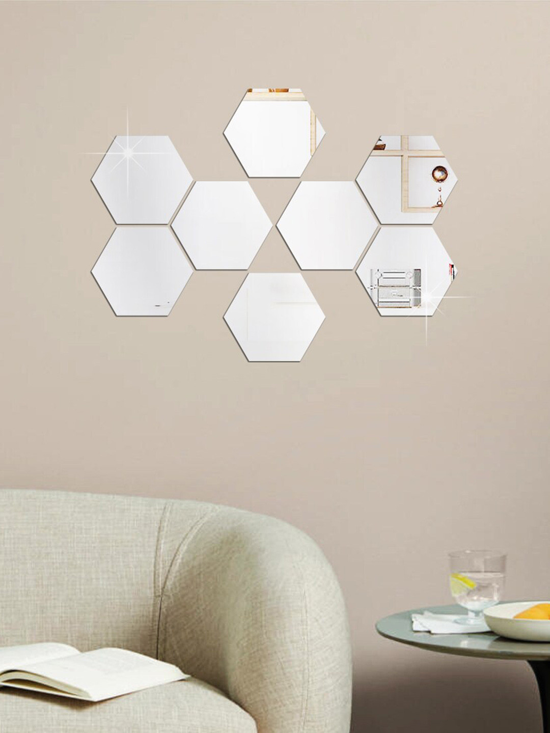 WallDaddy White 8 Pieces Hexagon Mirror Wall Stickers