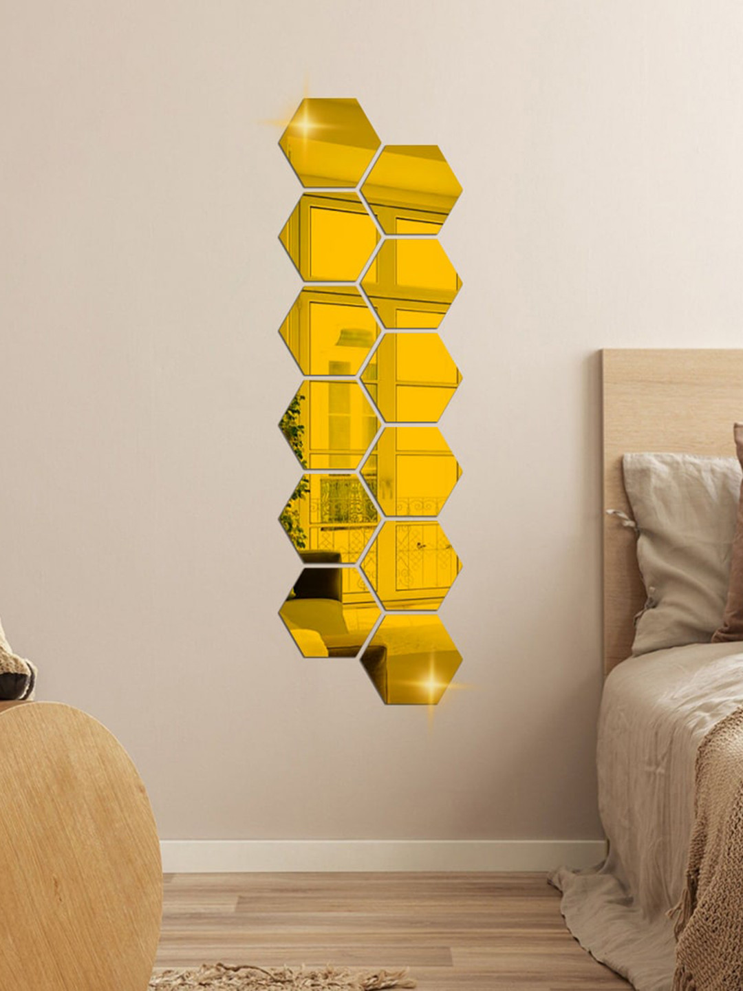 WallDaddy 12 Pieces Hexagon- Printed Mirror Stickers Wallpaper