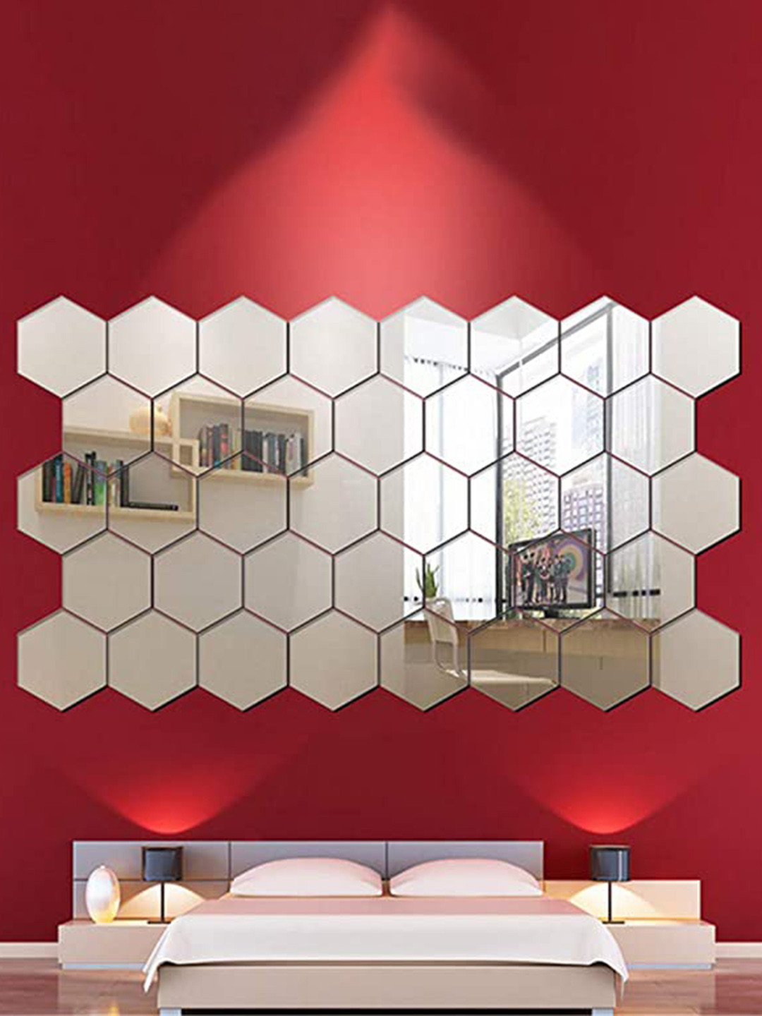 WallDaddy Silver Toned 38 Pieces Hexagon Design Mirror Wall Stickers