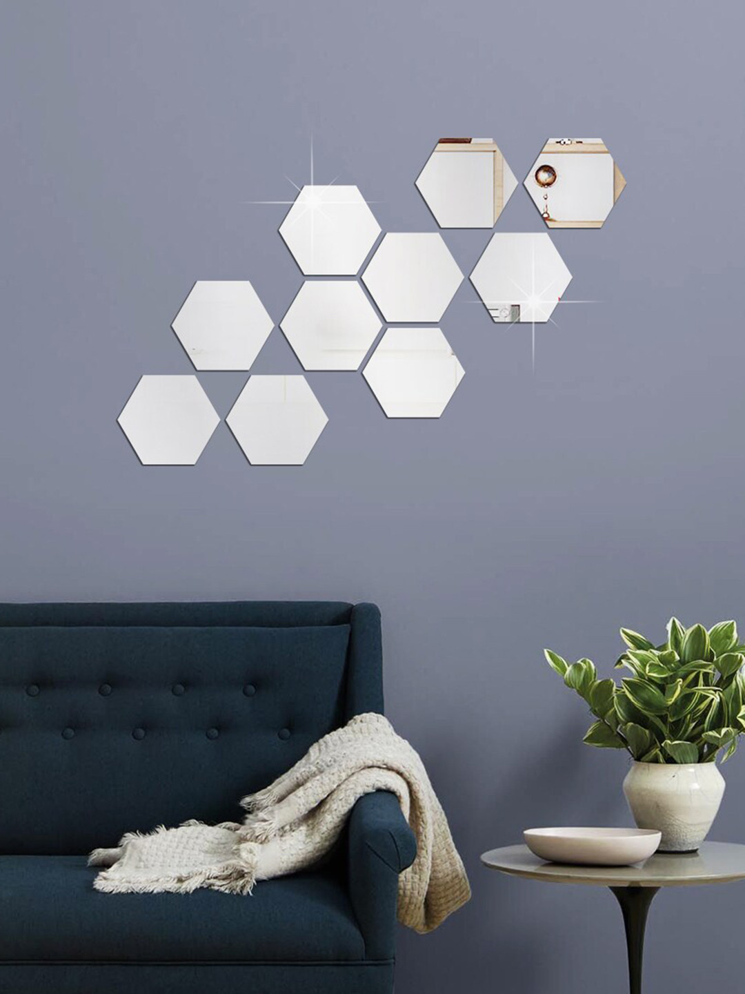 WallDaddy Silver Toned 10 Pieces Hexagon Design Mirror Wall Stickers