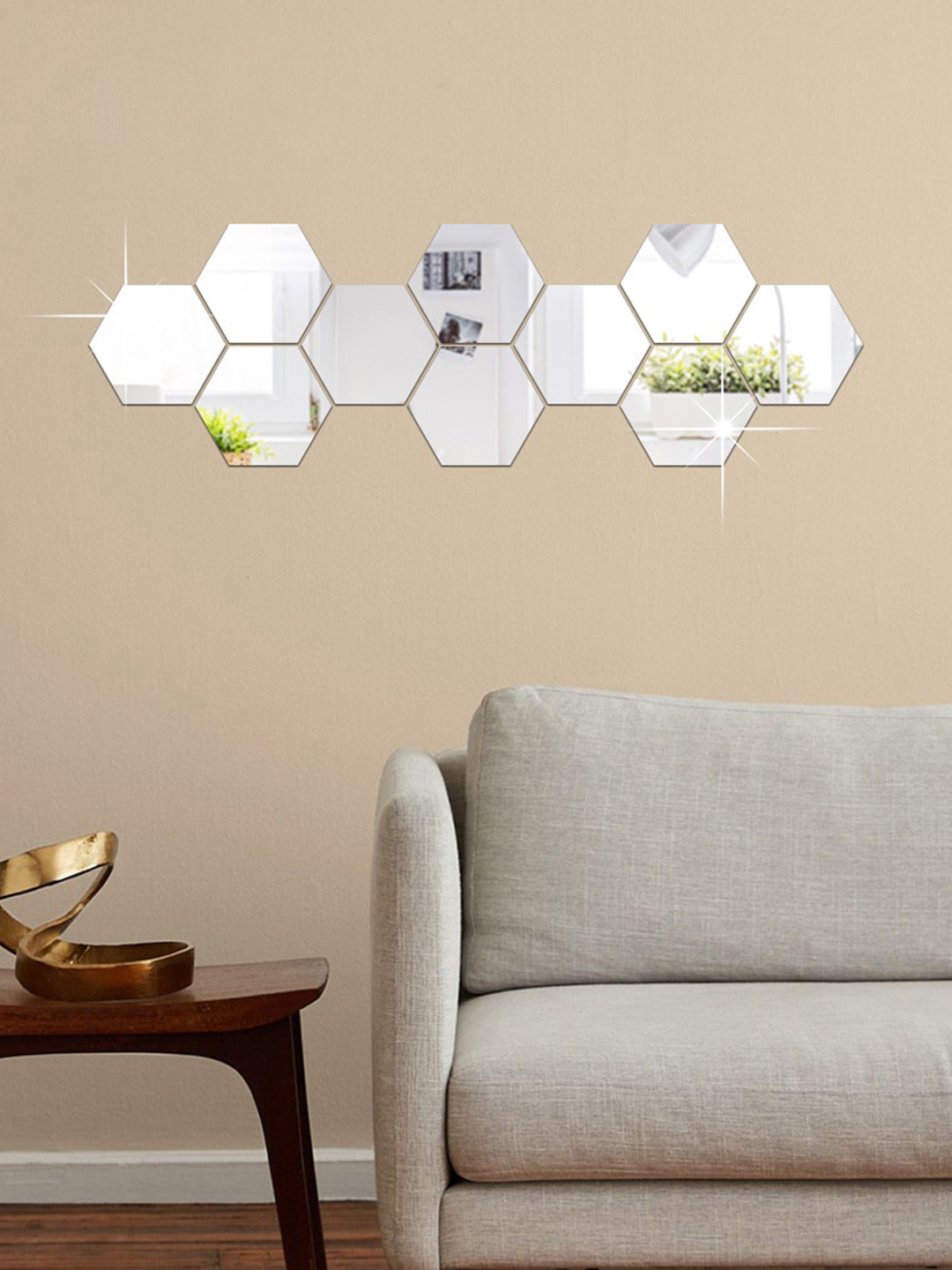 WallDaddy Silver Toned 10 Pieces Acrylic Hexagon Mirror Stickers