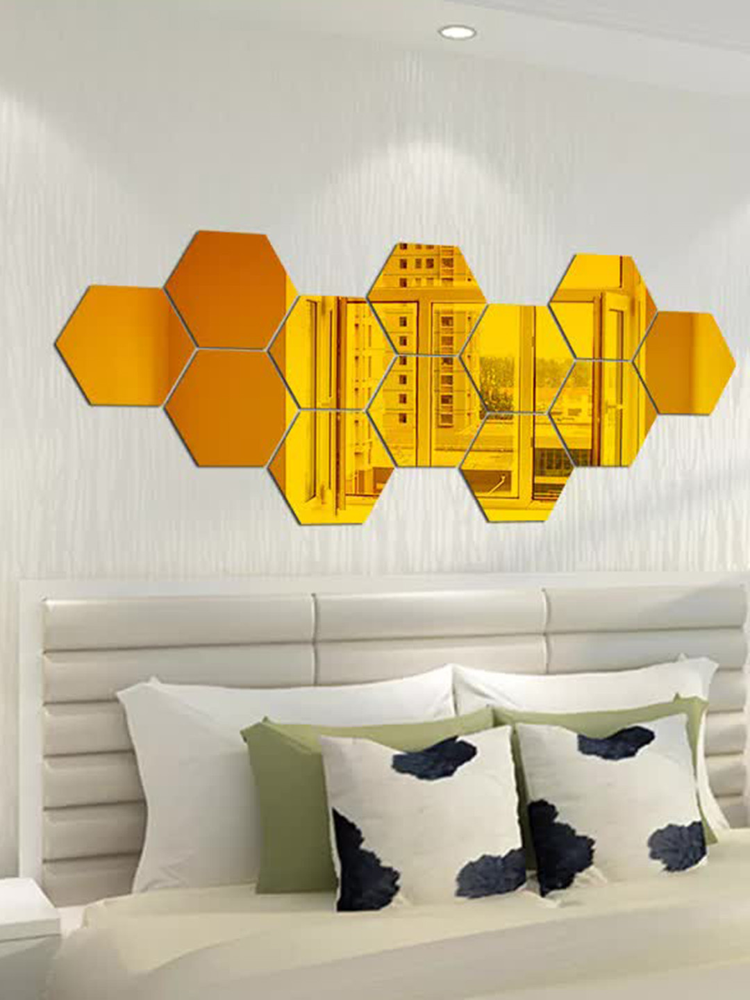WallDaddy Gold Toned 12 Pieces Hexagon Mirror Wall Stickers