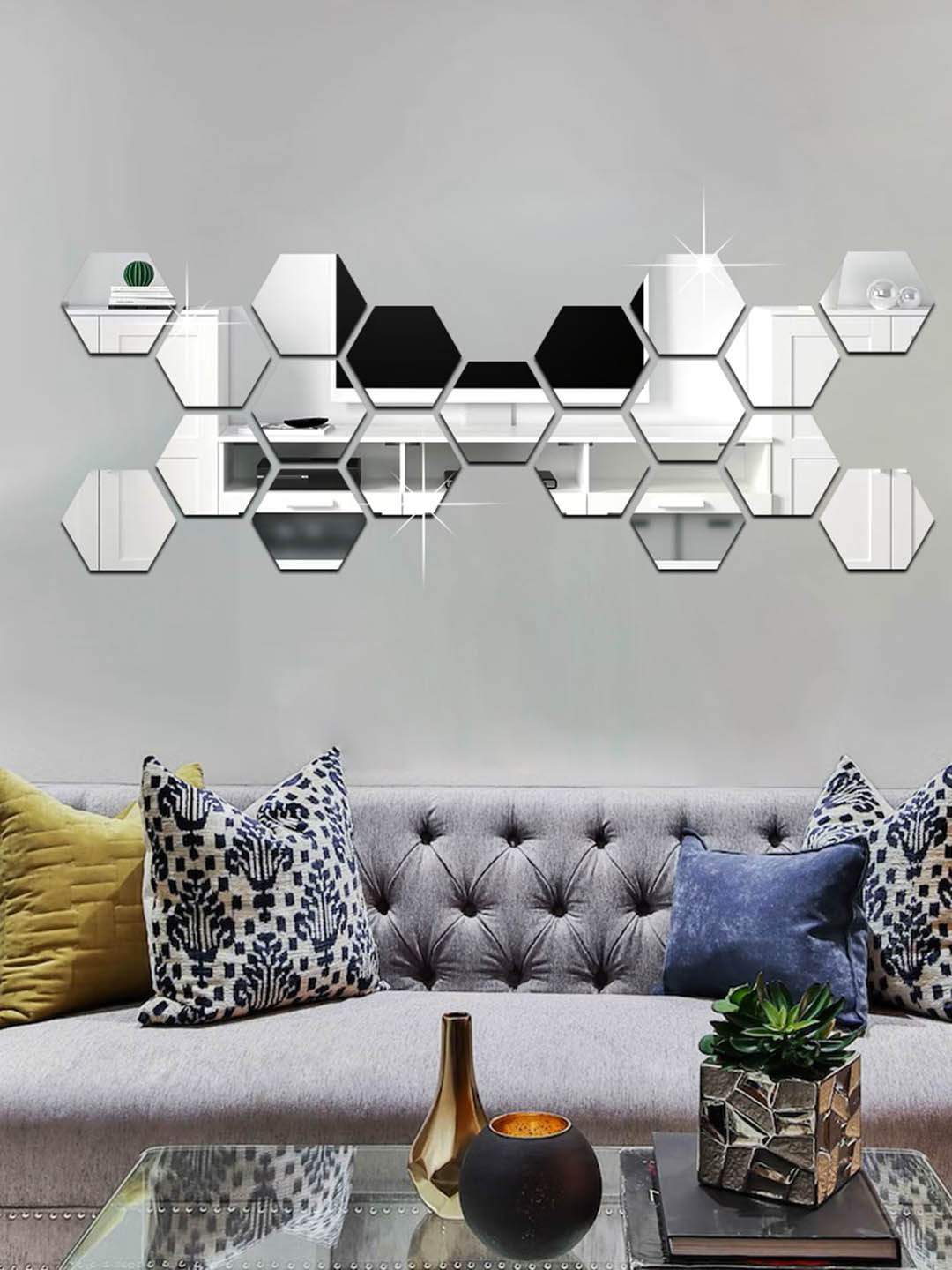 WallDaddy Silver Toned 19 Pieces Hexagon Mirror Wall Stickers