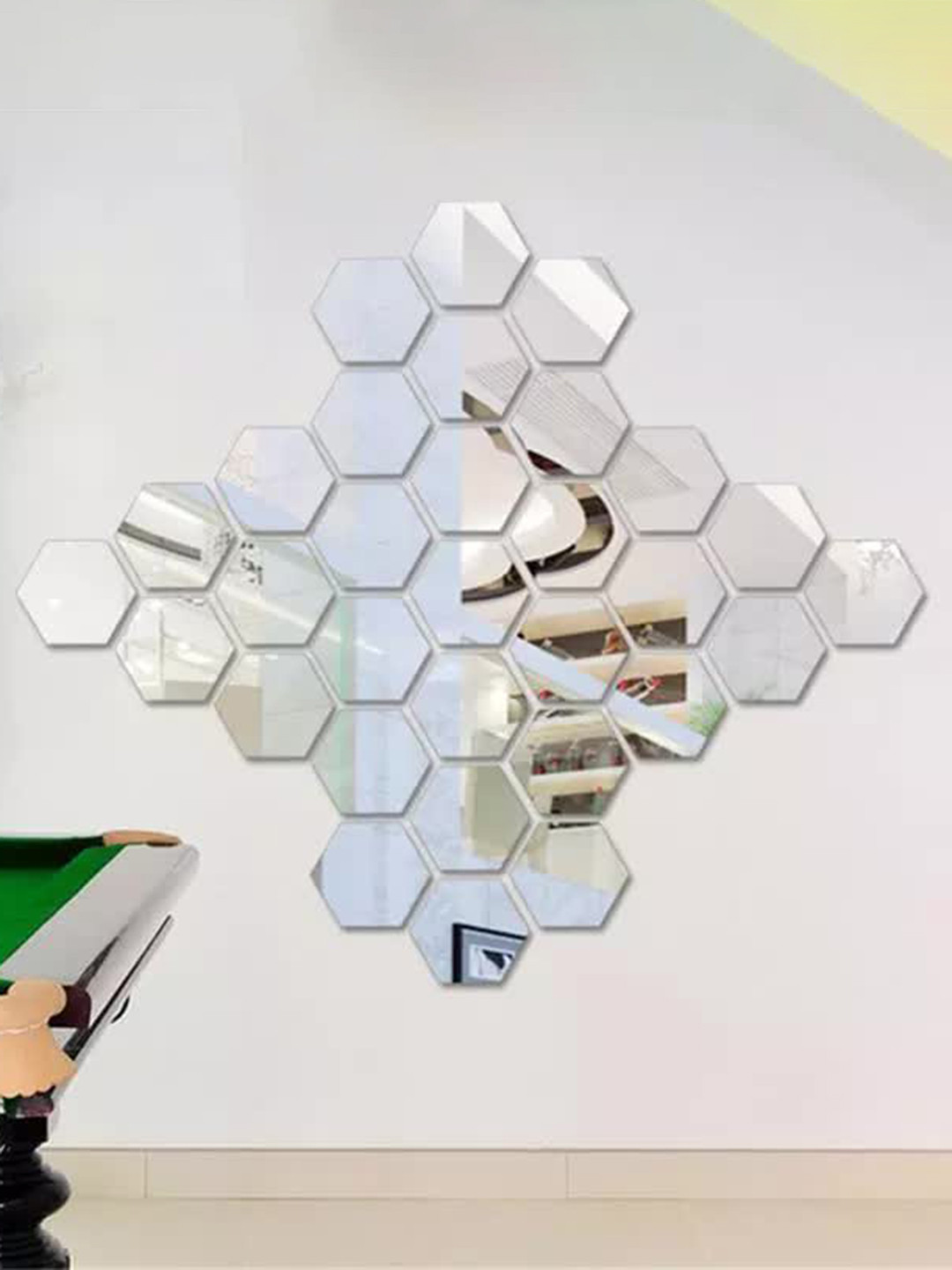 WallDaddy Silver Toned 31 Pieces Hexagon Printed Mirror Stickers
