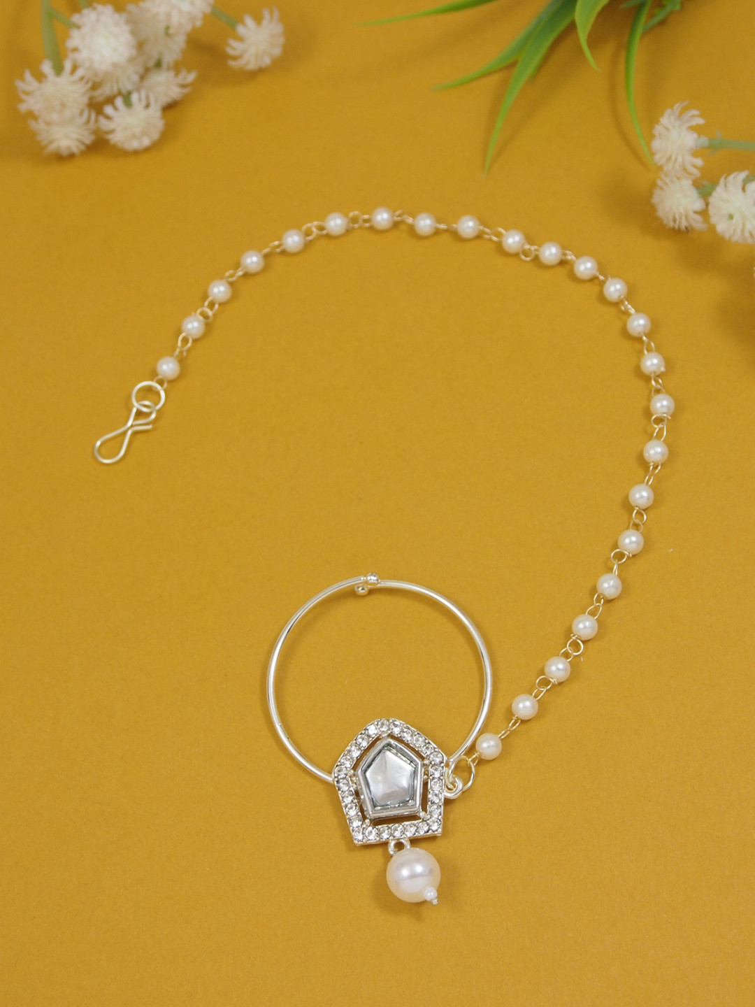 I Jewels Gold-Plated Crystal-Studded Nosepin With Pearl Chain