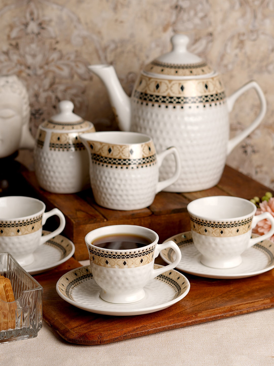 CDI White & Beige 15 Pieces Printed Bone China Glossy Kettle Set