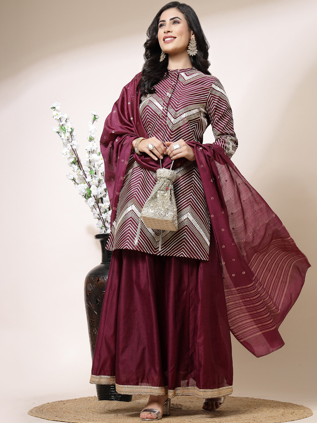 Sangria Burgundy & Gold-Toned Chevron Embroidered Zari Detailed Kurta & Skirt With Dupatta
