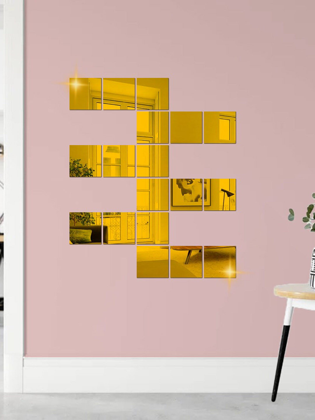 WallDaddy Gold Toned 18 Pieces Square Mirror Stickers