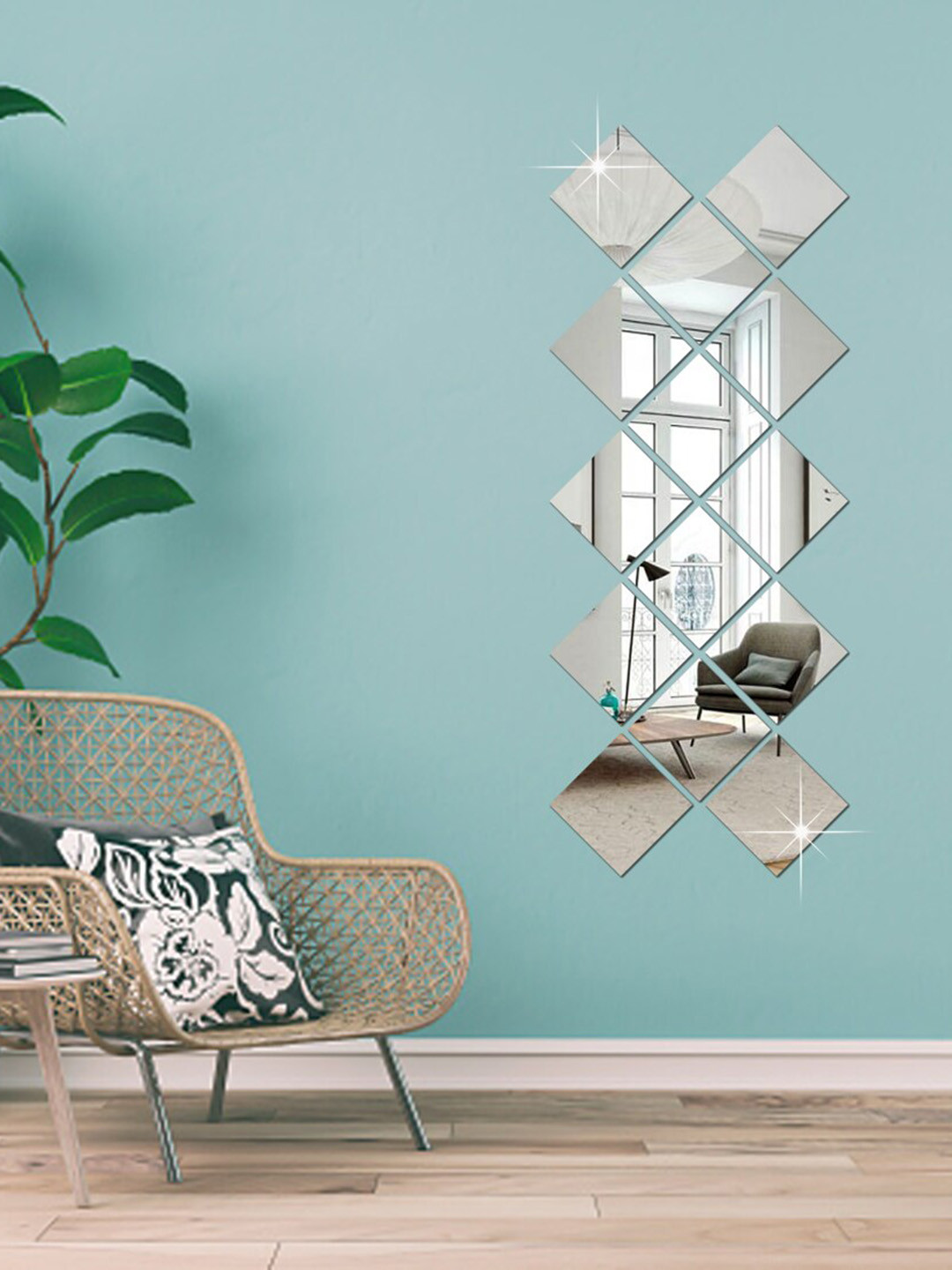 WallDaddy Silver Toned 14 Pieces Hexagon Design Mirror Wall Stickers