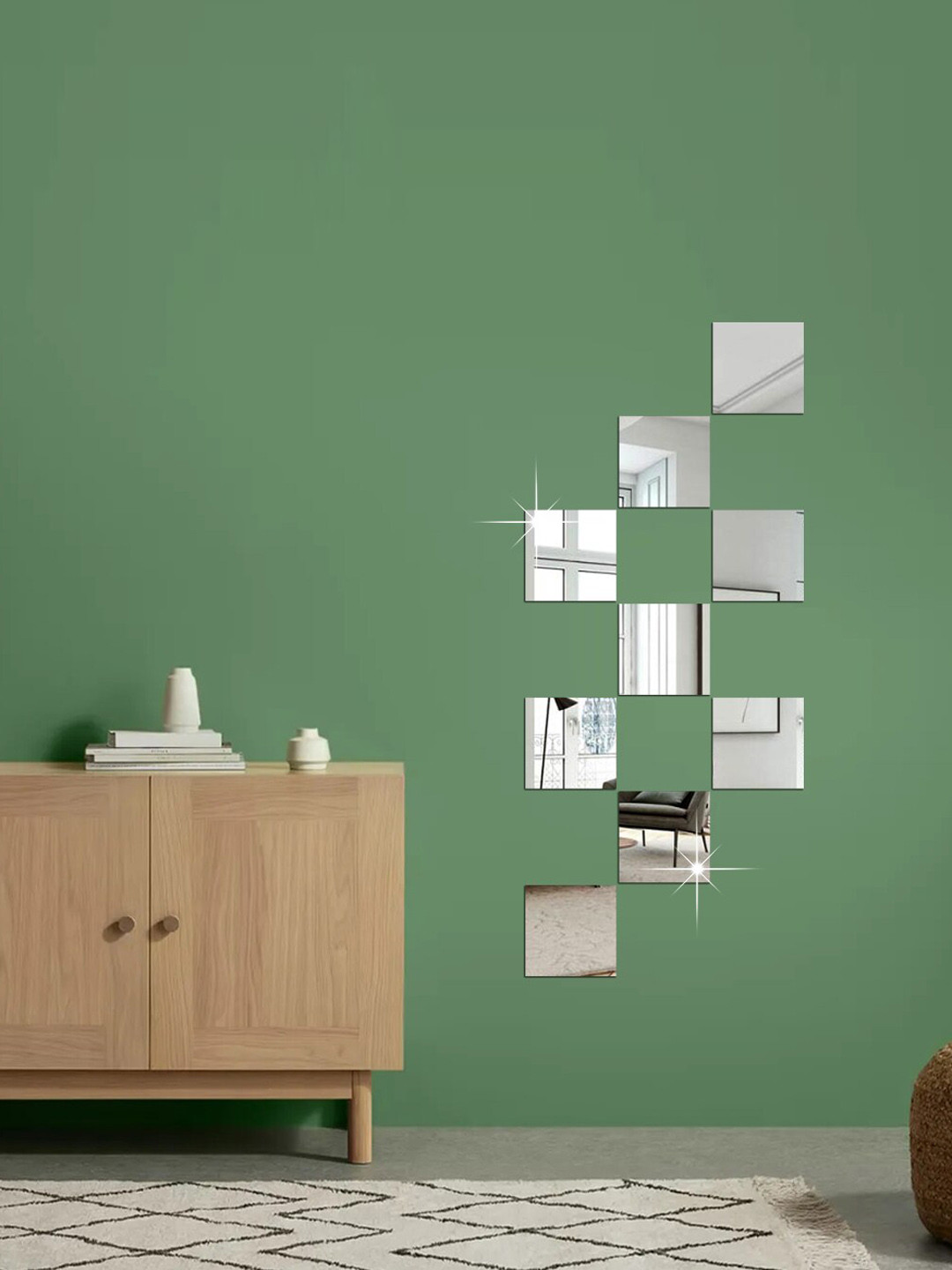 WallDaddy Silver Toned 9 Pieces Square Design Mirror Wall Stickers